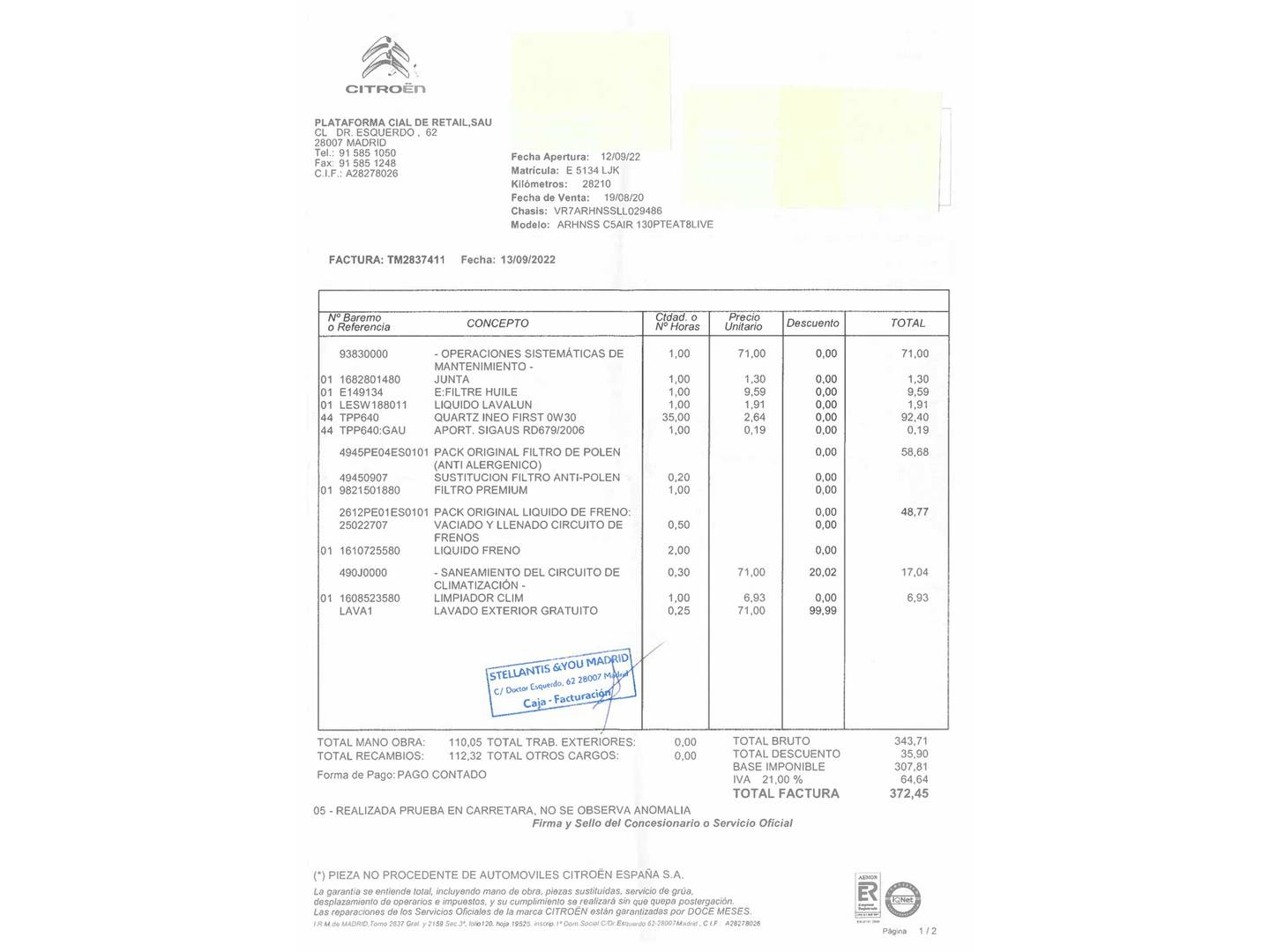 Foto del mantenimiento del Citroën C5 Aircross Citroën C5 Aircross PureTech 130 S&S Shine EAT8 (131 CV)
