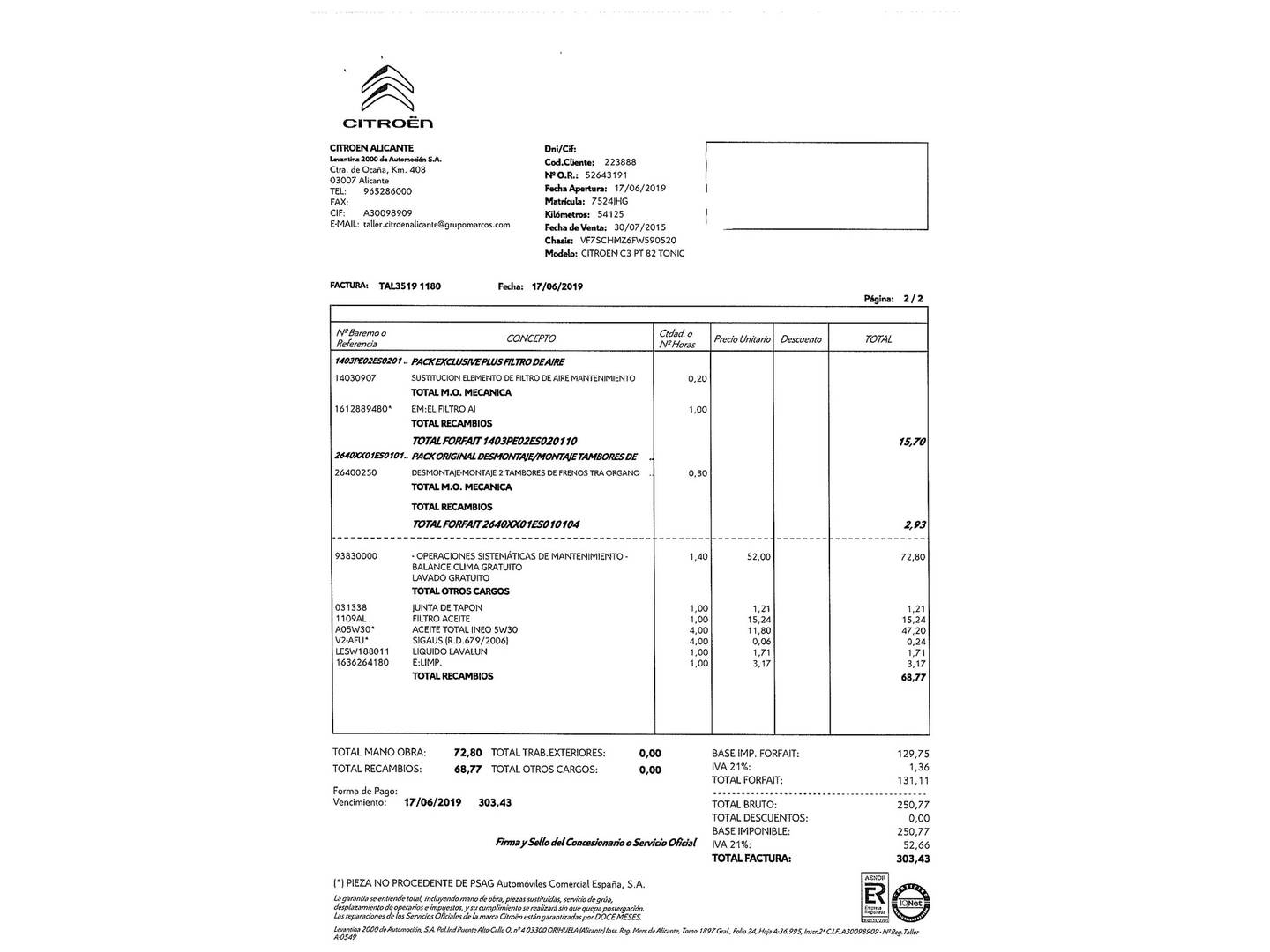 Foto del mantenimiento del Citroën C3 Citroën C3 PureTech 82 Tonic (82 CV)