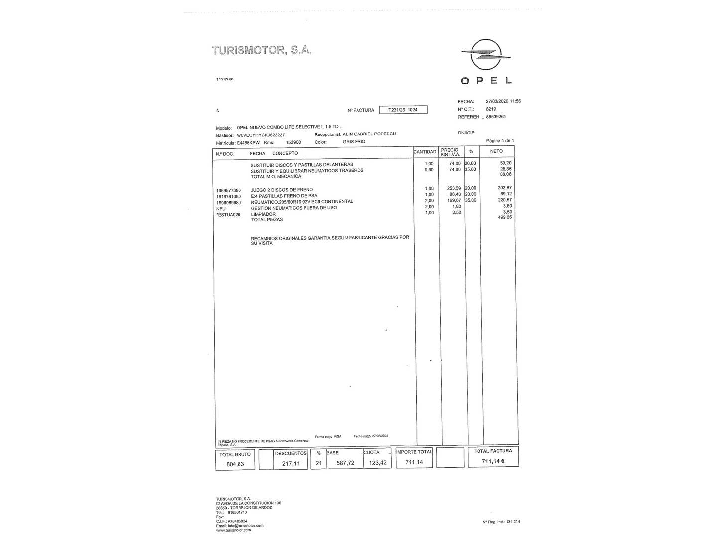 Foto del mantenimiento del Opel Combo Life Opel Combo Life 1.5 TD S&S Selective L (100 CV)