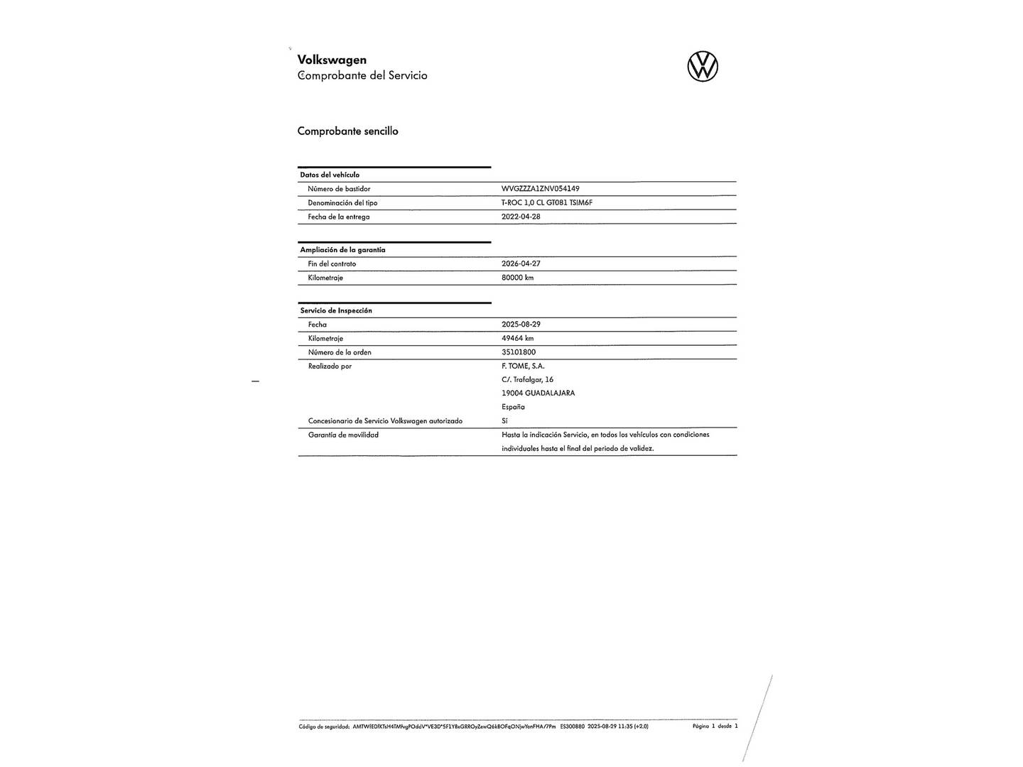 Foto del mantenimiento del Volkswagen T-Roc Volkswagen T-Roc Advance R-Line 1.0 TSI (110 CV)