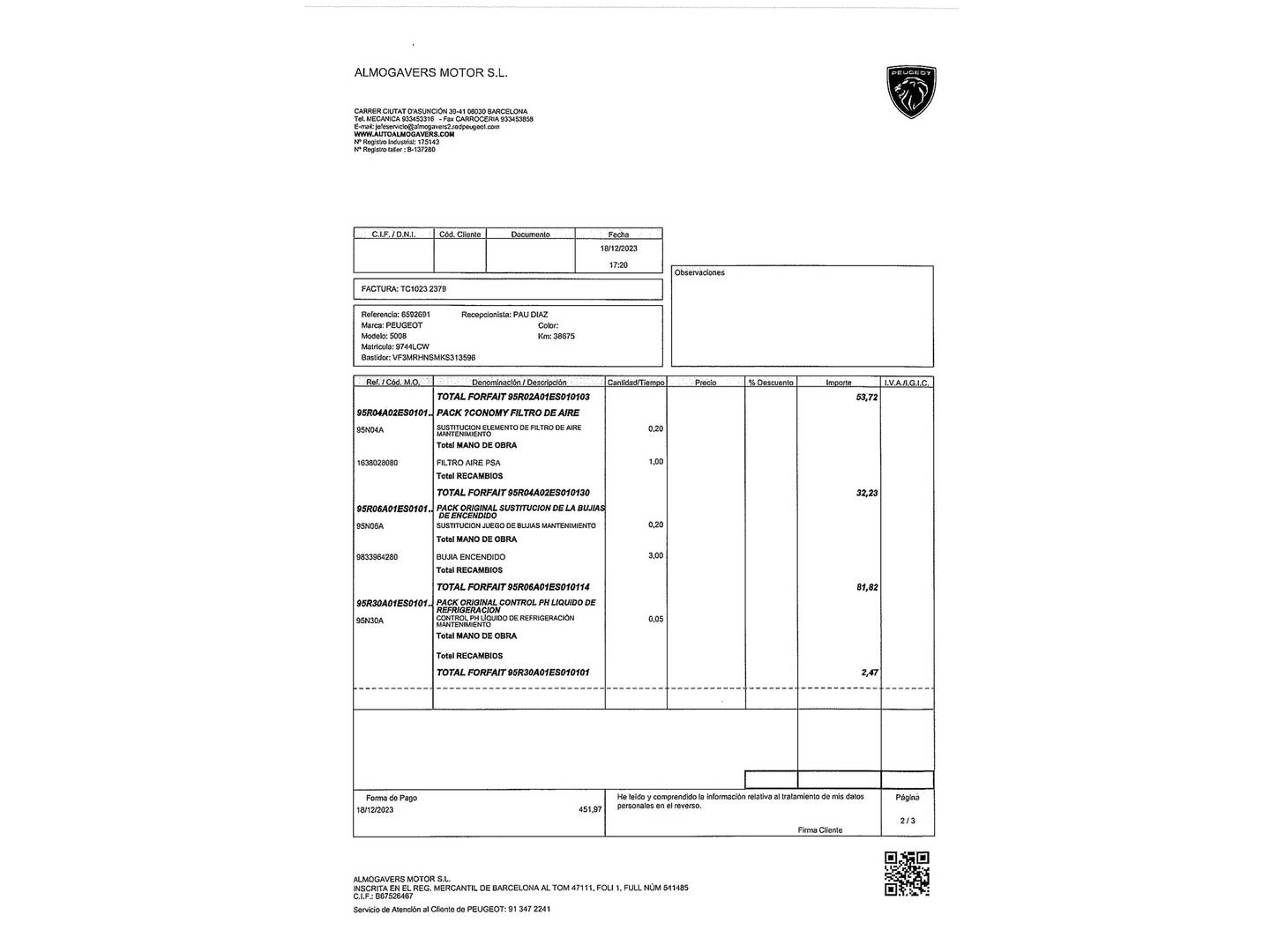 Foto del mantenimiento del Peugeot 5008 Peugeot 5008 PureTech 130 GT Line (130 CV) 7 Plazas