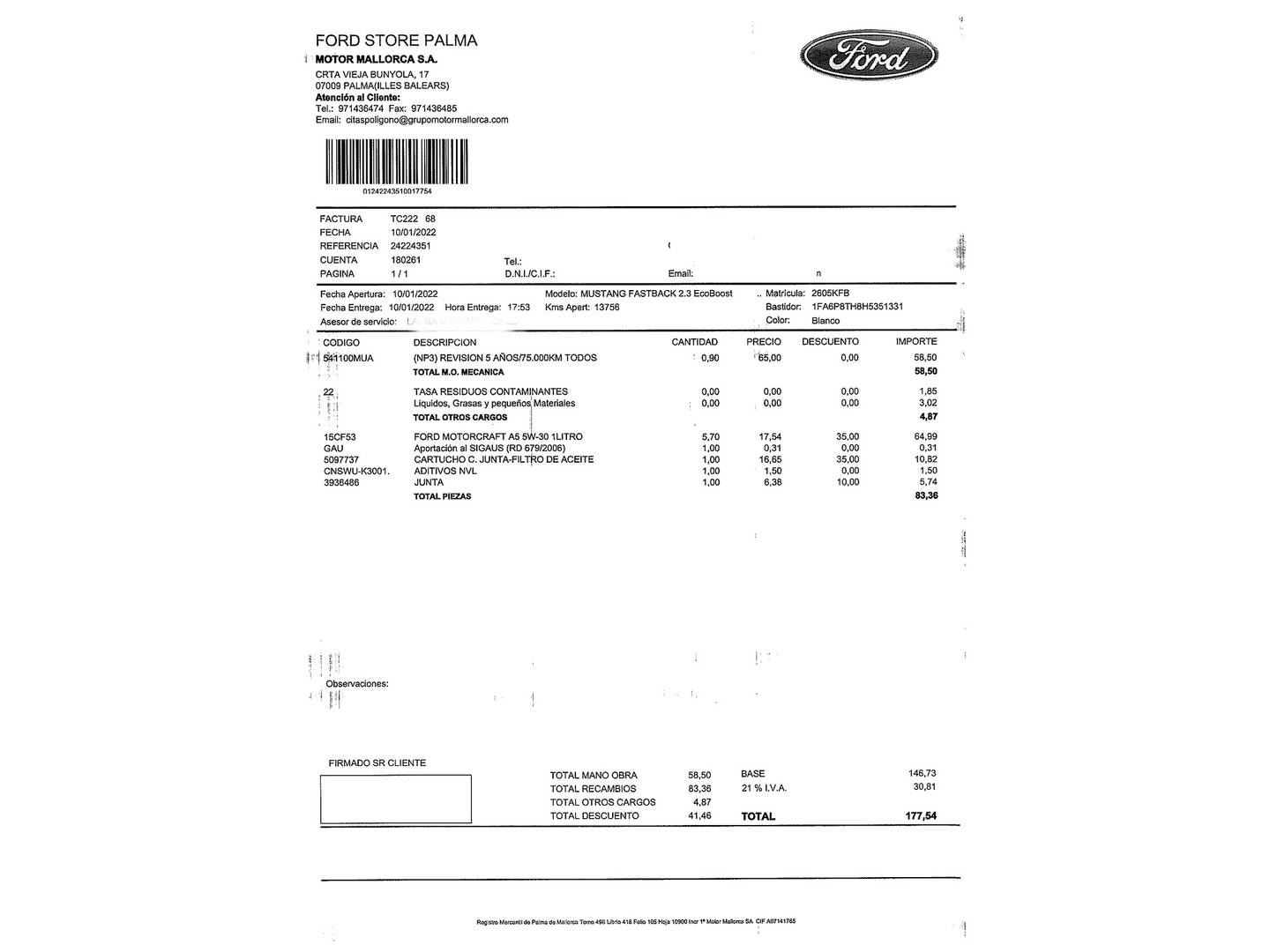 Foto del mantenimiento del Ford Mustang Ford Mustang 2.3 EcoBoost Mustang Auto Fastback (314 CV)