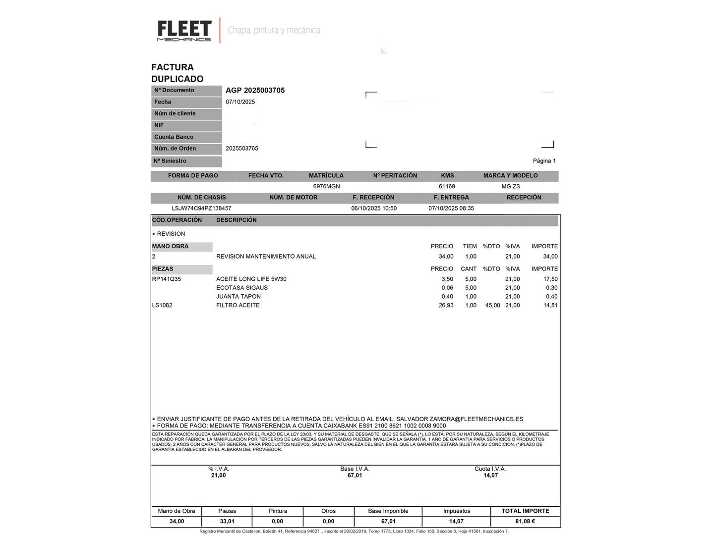 Foto del mantenimiento del MG ZS MG ZS 1.0T Luxury (111 CV)