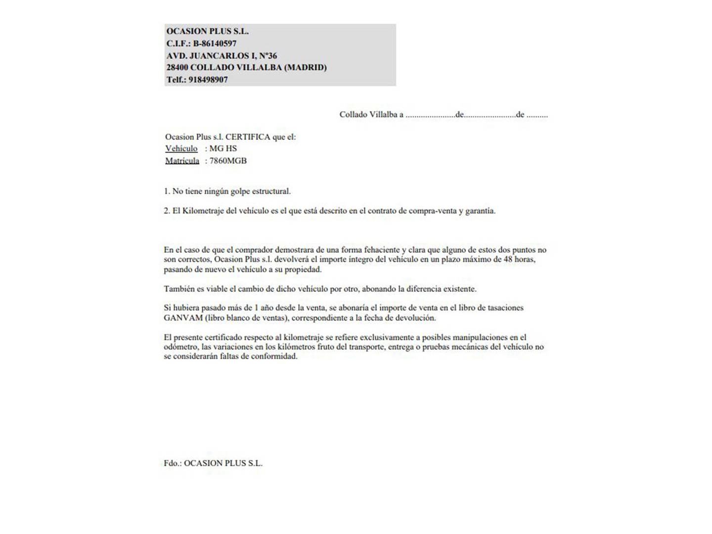 Foto del certificado del MG HS MG HS 1.5 Turbo GDI Luxury DCT (162 CV)