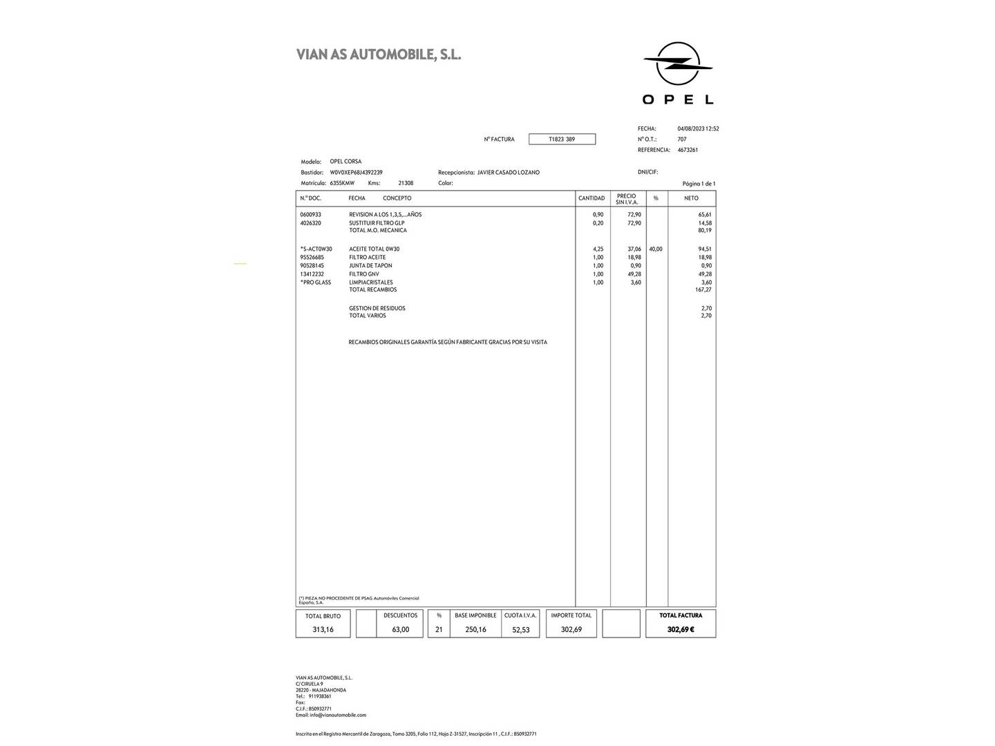 Foto del mantenimiento del Opel Corsa Opel Corsa 1.4 GLP Selective (90 CV)