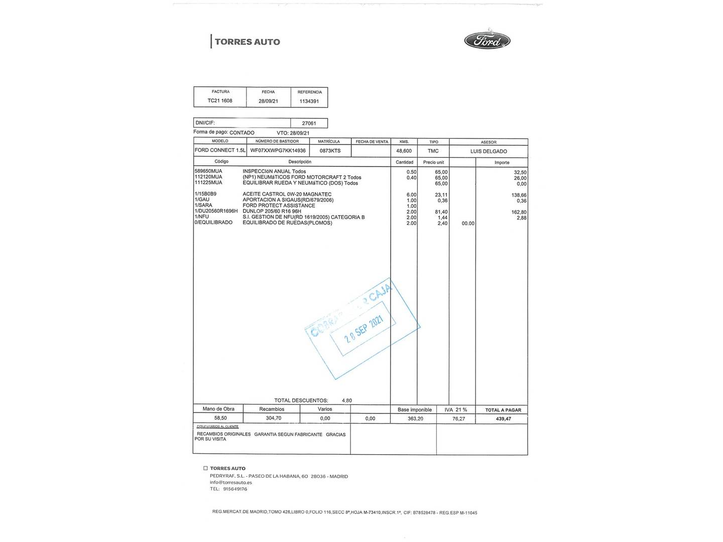 Foto del mantenimiento del Ford Transit Connect Ford Transit Connect 1.5 TDCI Trend 230 L2  (120 CV) 7 Plazas