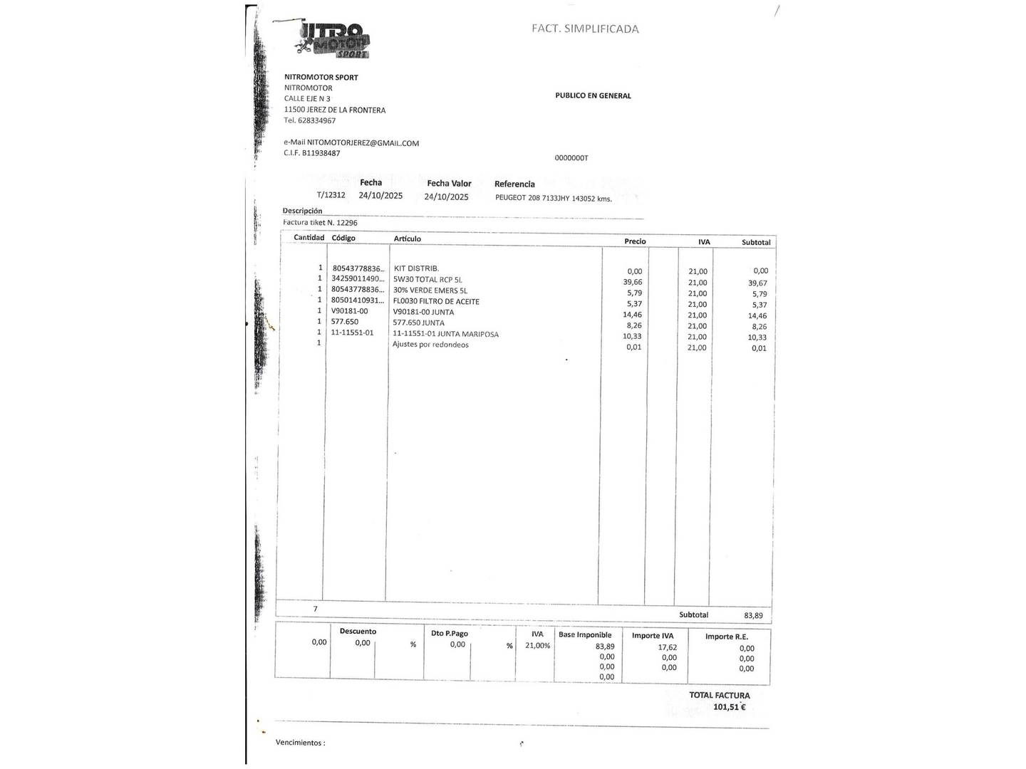 Foto del mantenimiento del Peugeot 208 Peugeot 208 1.2 PureTech Access (82 CV)