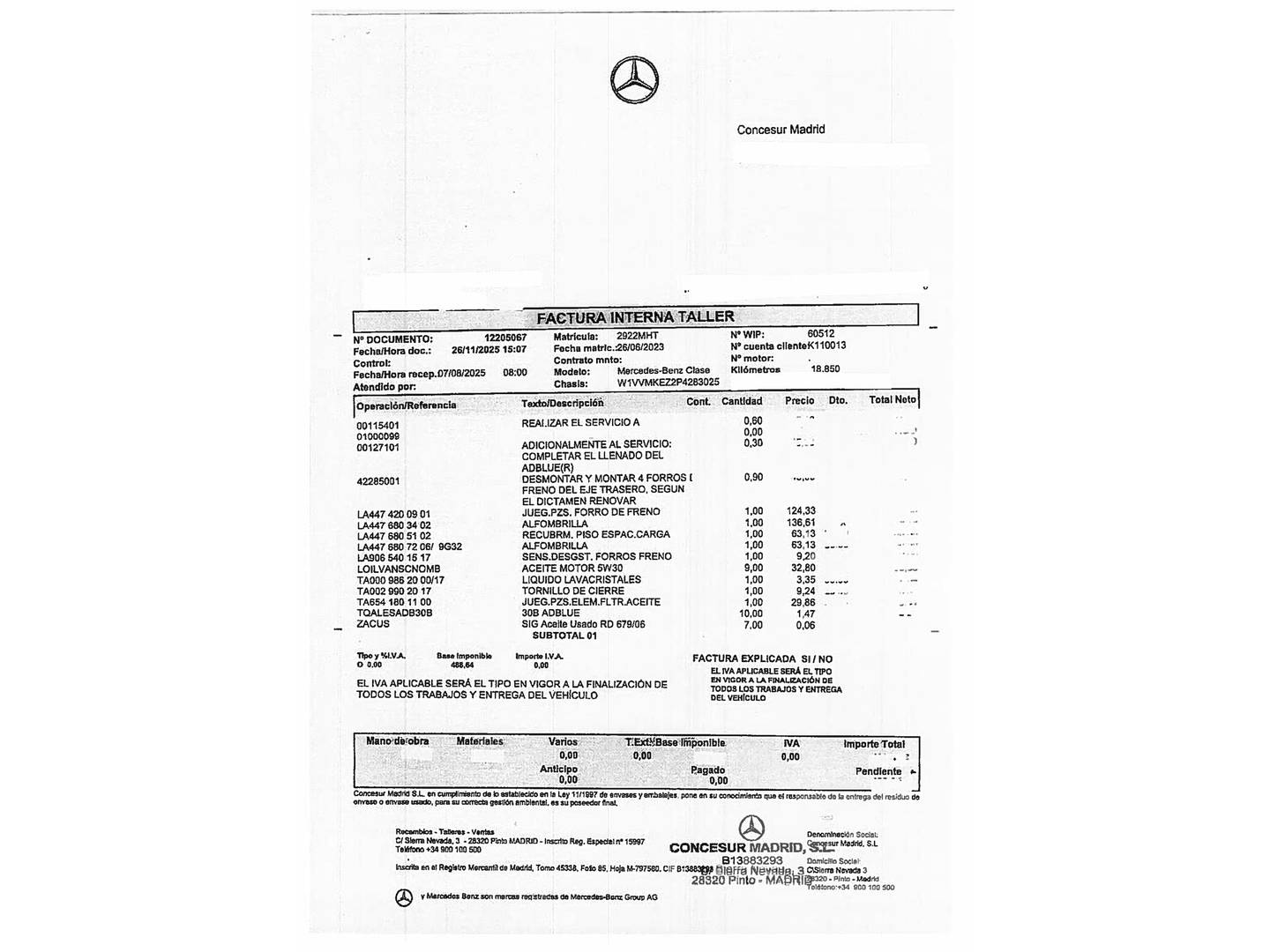 Foto del mantenimiento del Mercedes Clase V Mercedes Clase V V 250 d Avantgarde Largo (190 CV) 7 Plazas