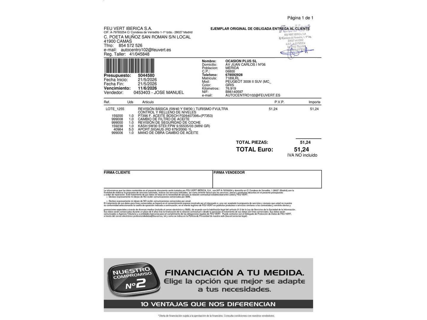 Foto del mantenimiento del Peugeot 3008 Peugeot 3008 PureTech 130 S&S Allure (130 CV)
