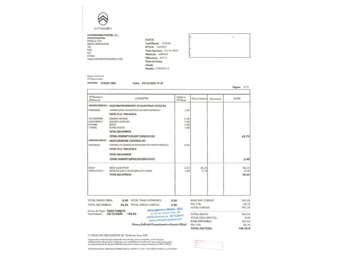 Foto del mantenimiento del Citroën C3 Citroën C3 PureTech 82 C-Series (83 CV)