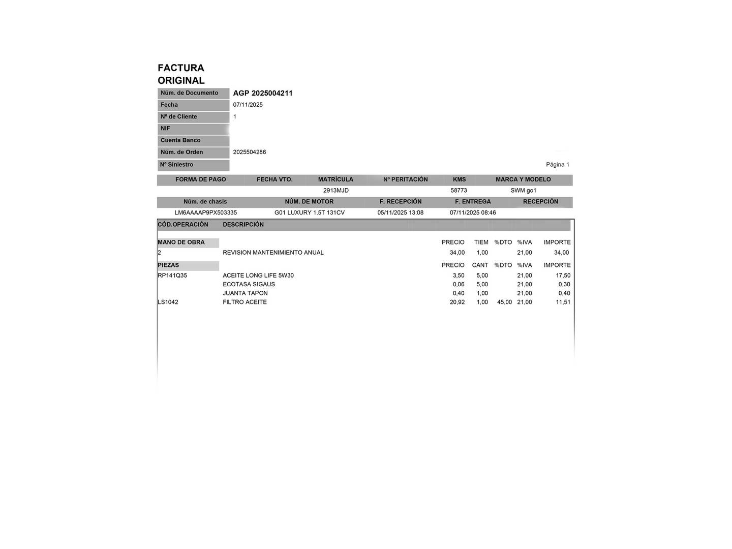 Foto del mantenimiento del SWM G01 SWM G01 1.5T Luxury (131 CV)