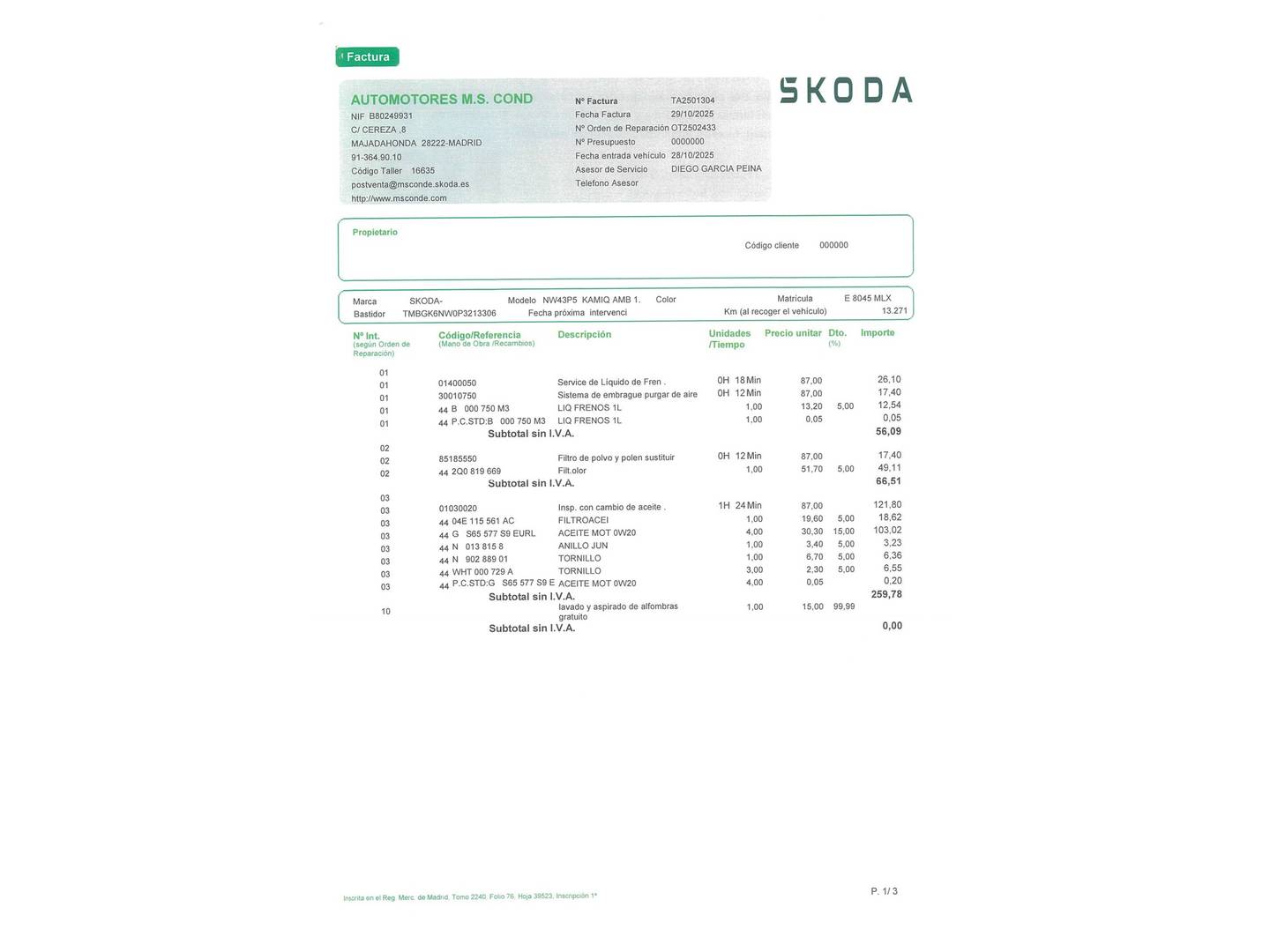 Foto del mantenimiento del Skoda Kamiq Skoda Kamiq 1.5 TSI Sport (150 CV)