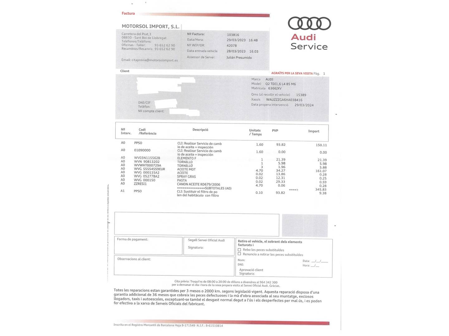 Foto del mantenimiento del Audi Q2 Audi Q2 sport edition 1.6 TDI (116 CV)