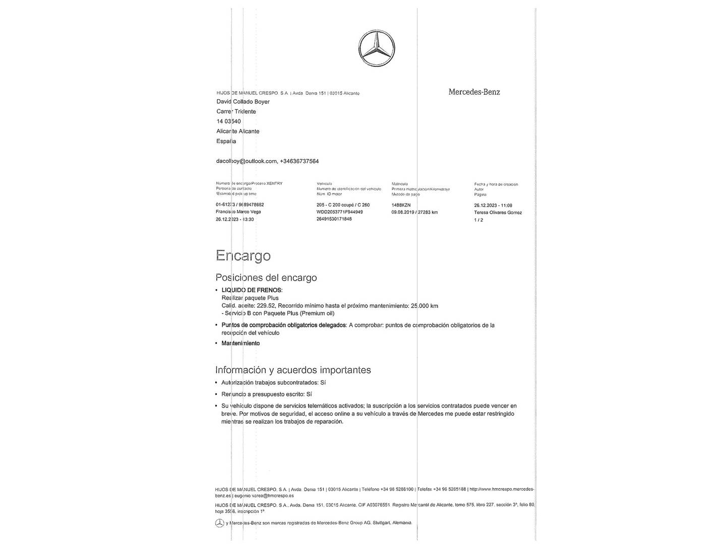 Foto del mantenimiento del Mercedes Clase C Mercedes Clase C 200 Coupe (184 CV) Pack AMG