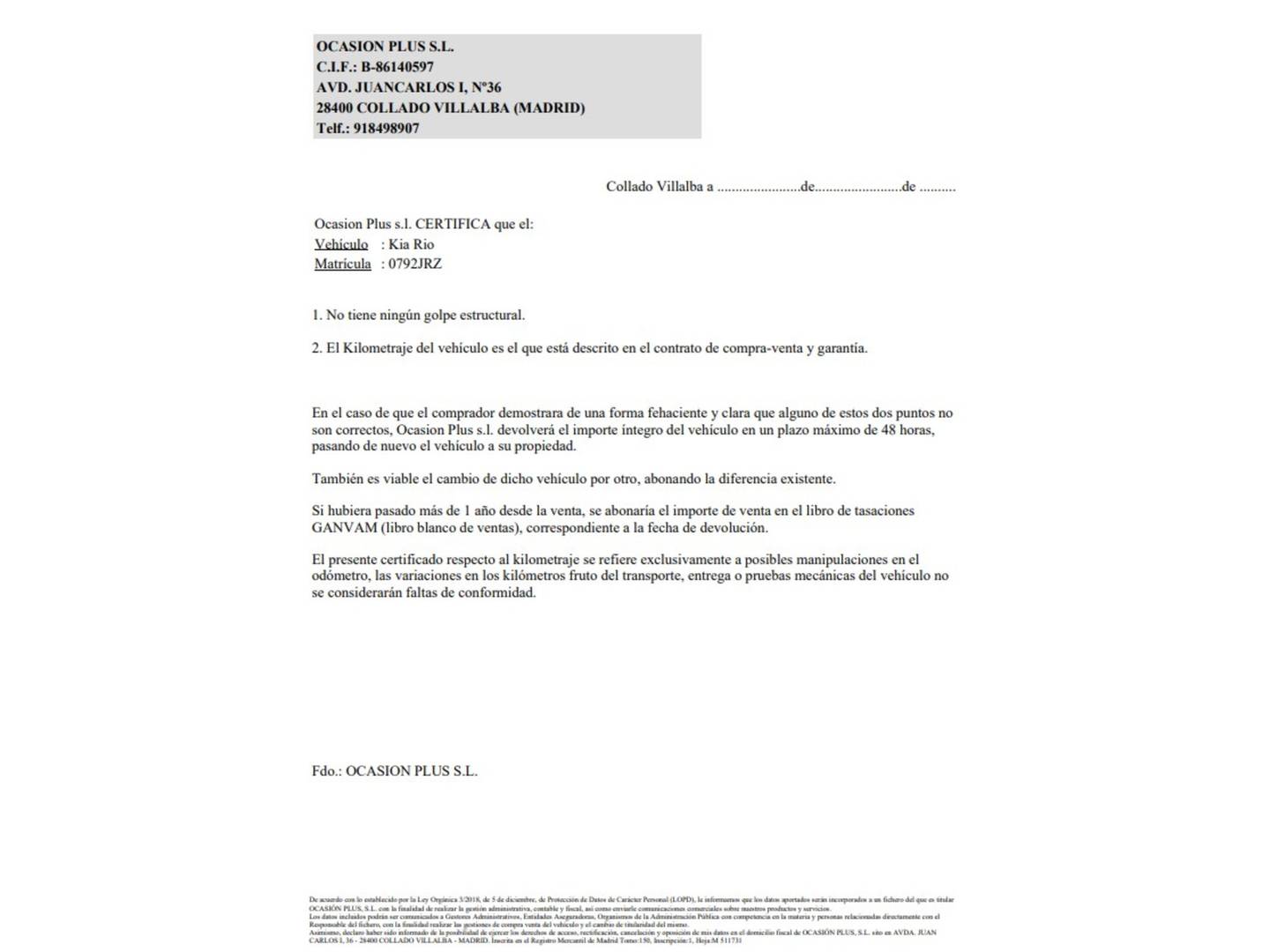 Foto del certificado del KIA Rio KIA Rio 1.2 CVVT UEFA Euro2016 Eco-Dynamics (84 CV)