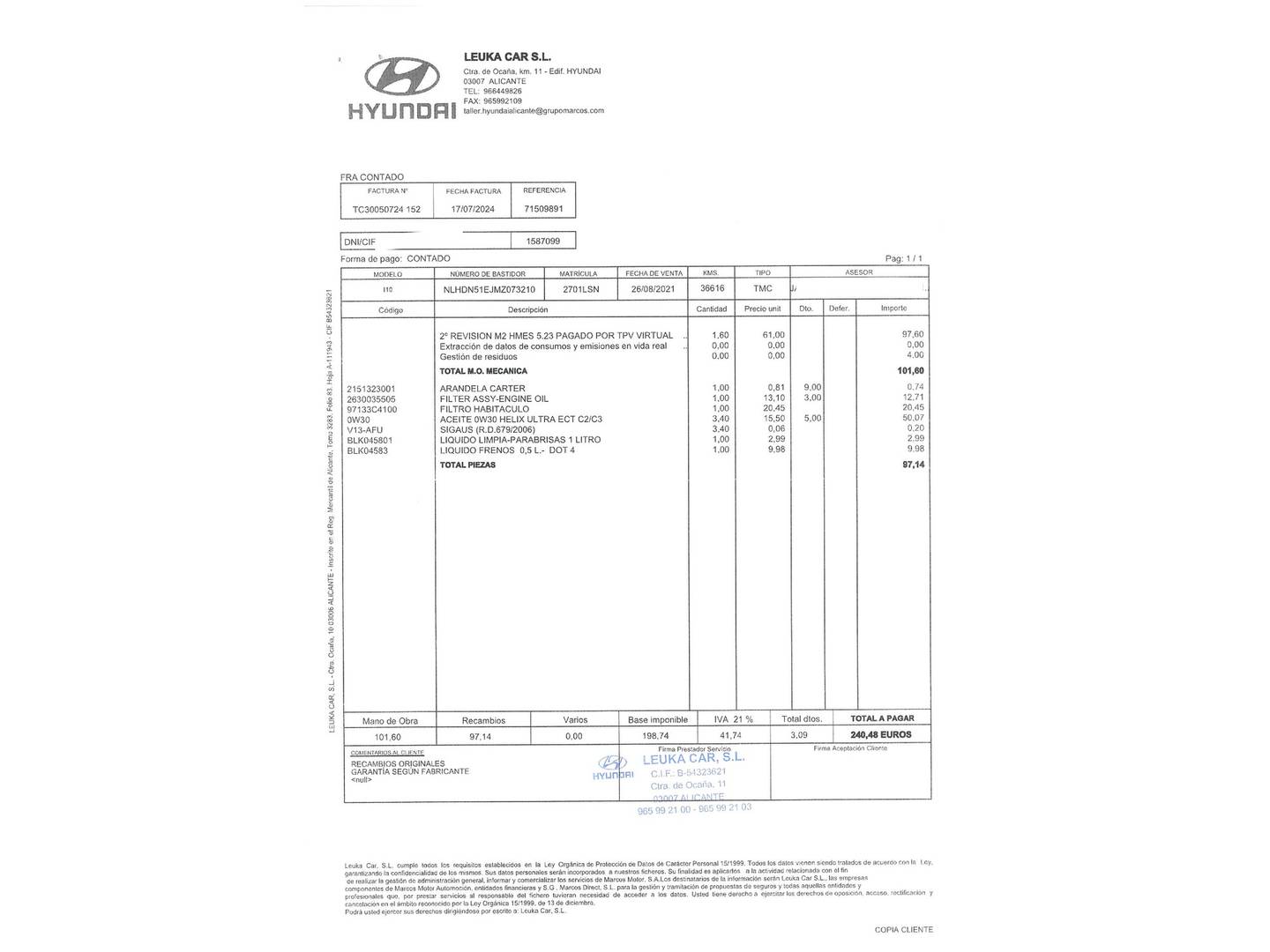 Foto del mantenimiento del Hyundai i10 Hyundai i10 1.2 Tecno AT (84 CV)