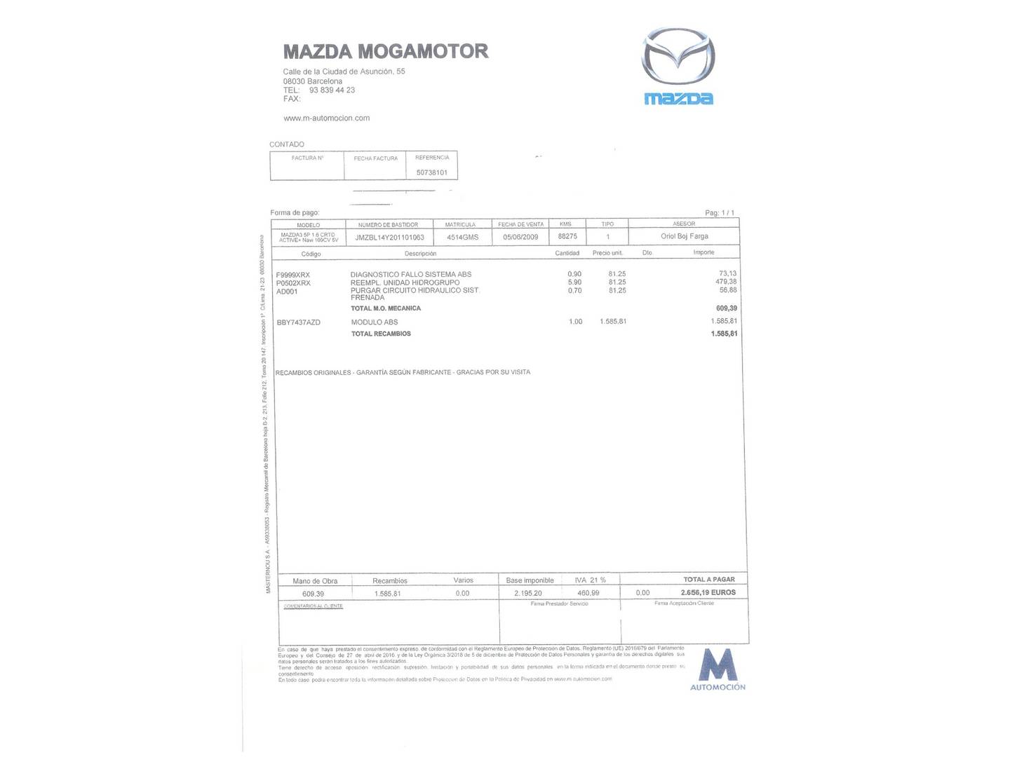 Foto del mantenimiento del Mazda Mazda3 Mazda Mazda 3 1.6 CRTD Active+ Kendo (109 CV)