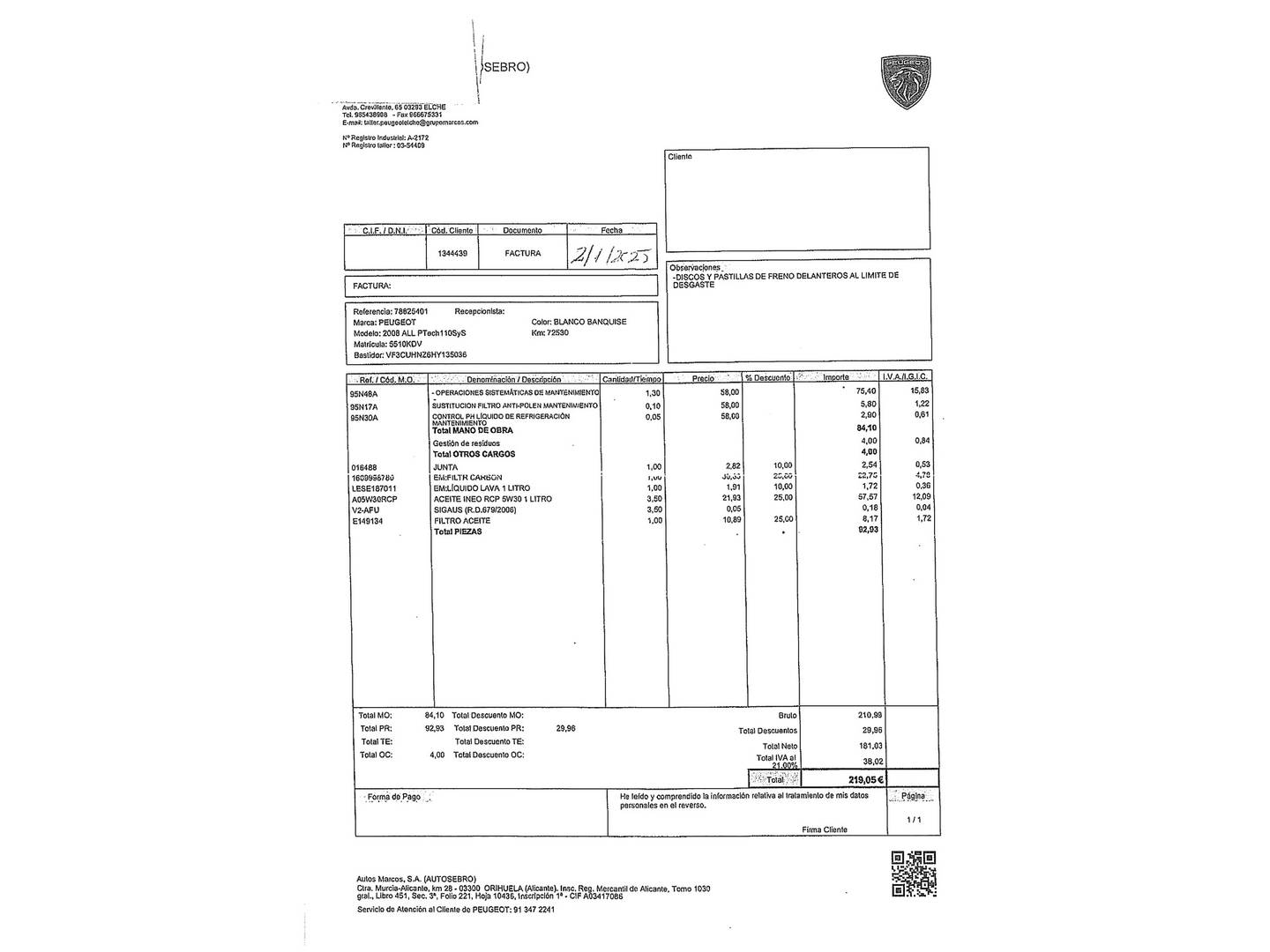 Foto del mantenimiento del Peugeot 2008 Peugeot 2008 PureTech 110 Allure (110 CV)
