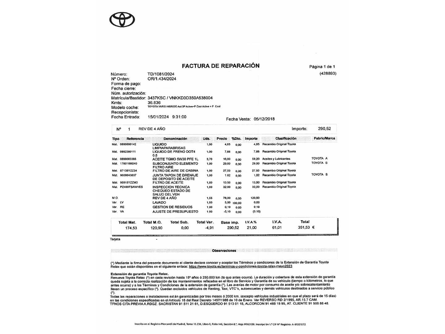 Foto del mantenimiento del Toyota Yaris Toyota Yaris 1.5 Hybrid Active (100 CV)