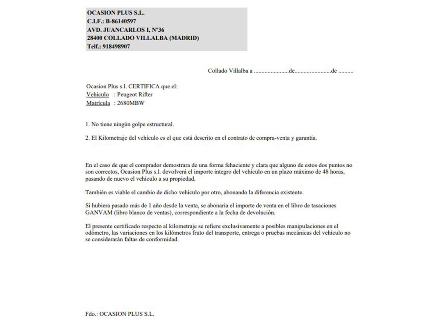 Foto del certificado del Peugeot Rifter Peugeot Rifter BlueHDi 130 GT Standard  (130 CV)
