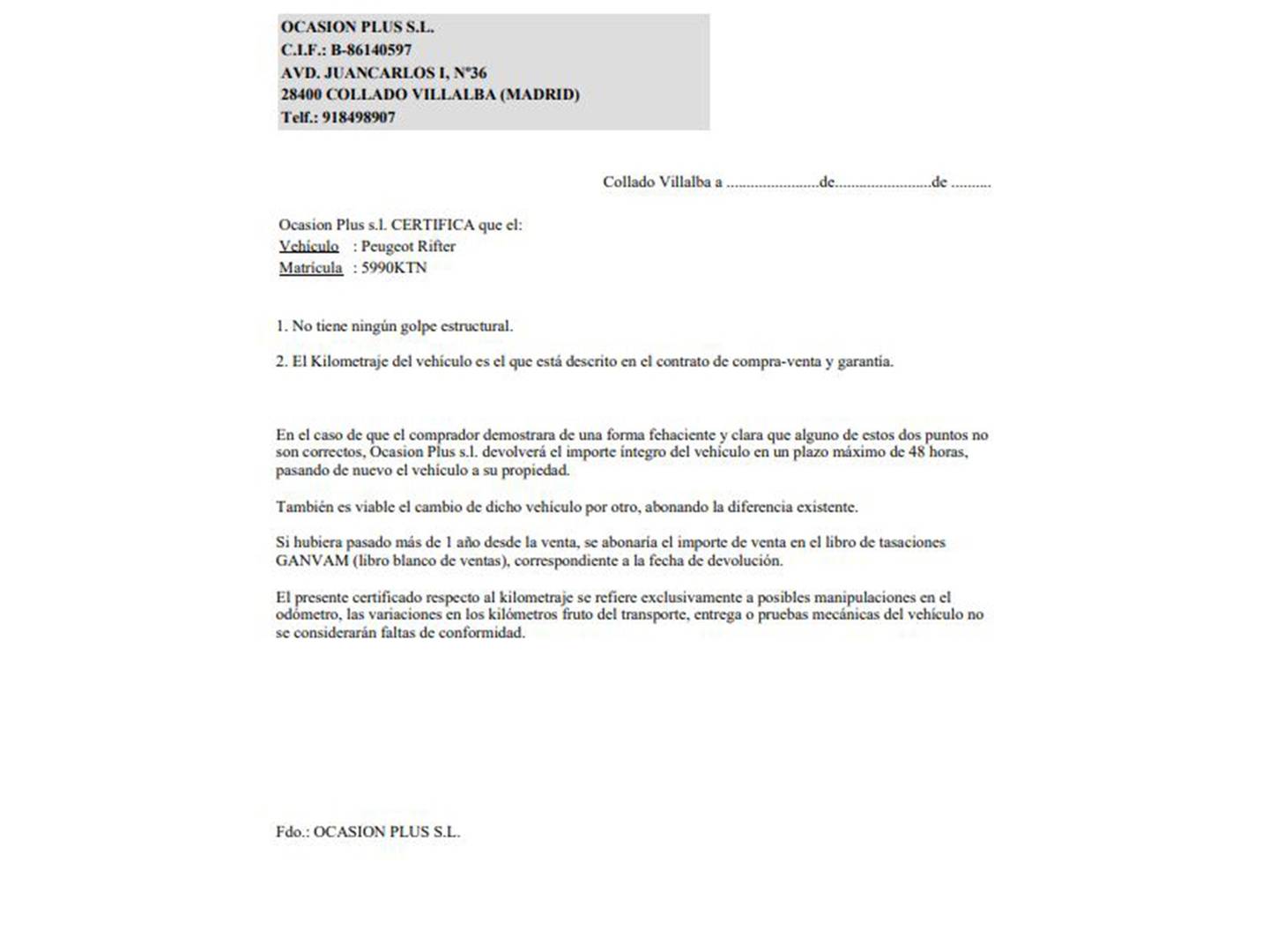 Foto del certificado del Peugeot Rifter Peugeot Rifter PureTech 110 Active Standard (110 CV)