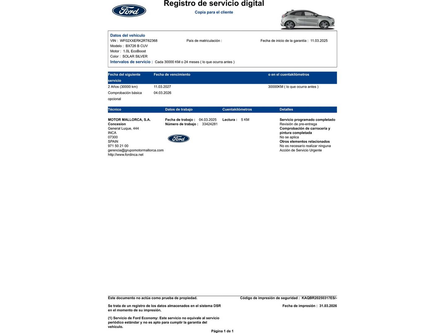 Foto del mantenimiento del Ford Puma Ford Puma 1.0 EcoBoost MHEV ST-Line (125 CV)