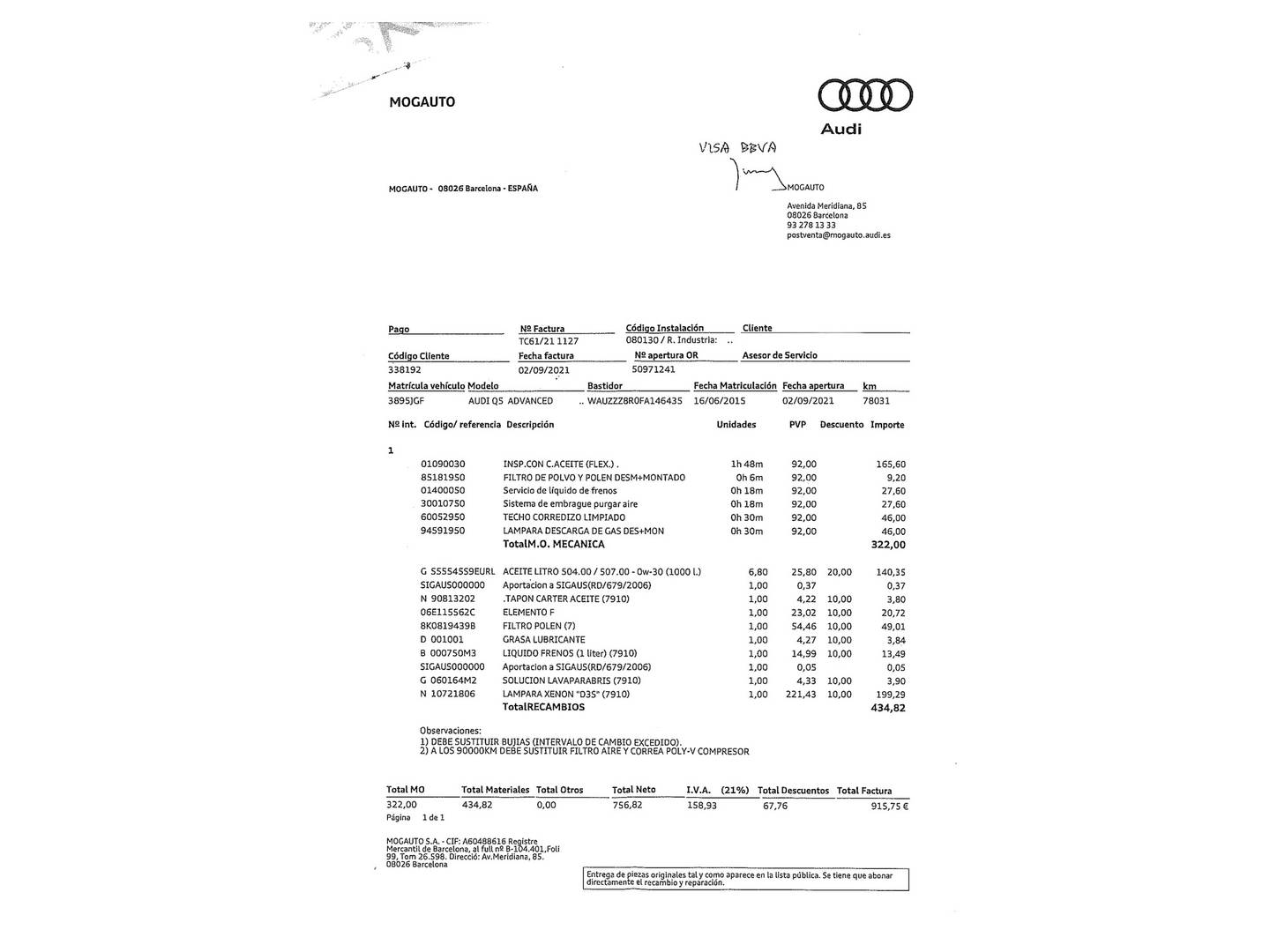 Foto del mantenimiento del Audi Q5 AUDI Q5 Advanced edition 3.0 TFSI quattro (272 CV) tiptronic