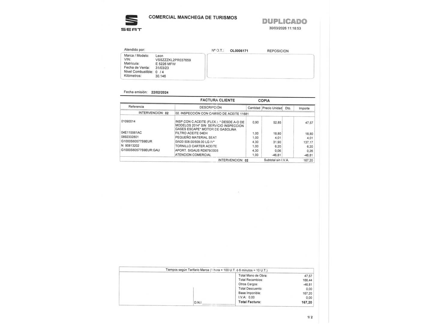 Foto del mantenimiento del Seat León Seat León 1.5 TSI S&S FR XL (130 CV)