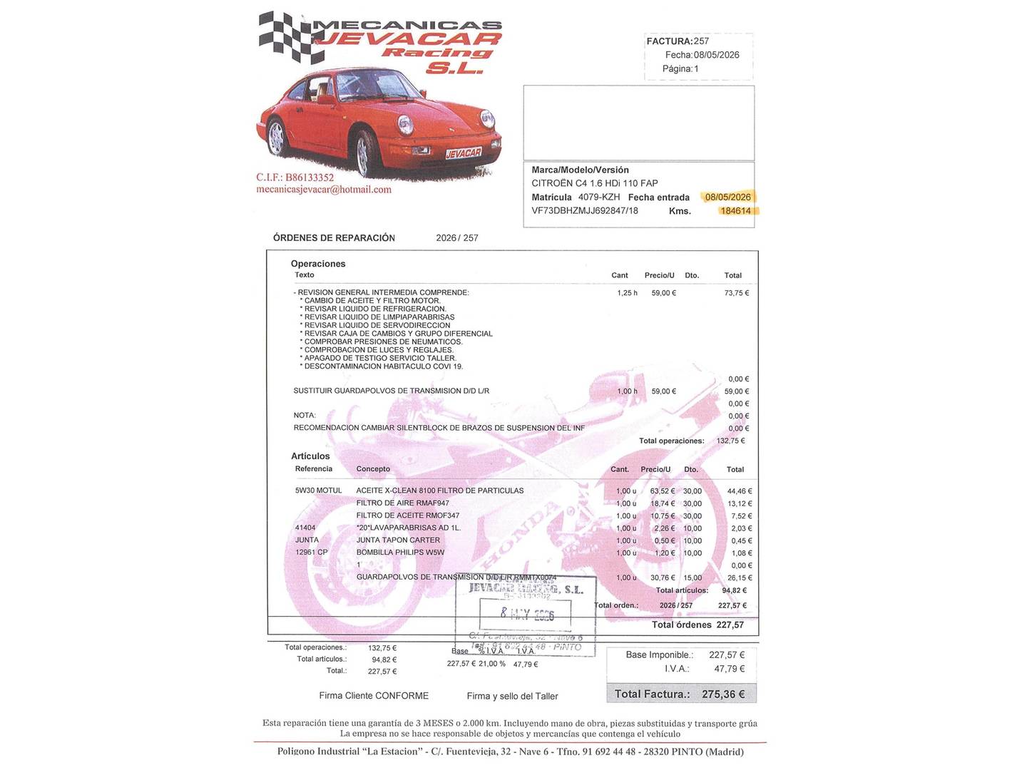 Foto del mantenimiento del Citroën C4 Spacetourer Citroën C4 Spacetourer BlueHDi 120 S&S Rip Curl (120 CV)