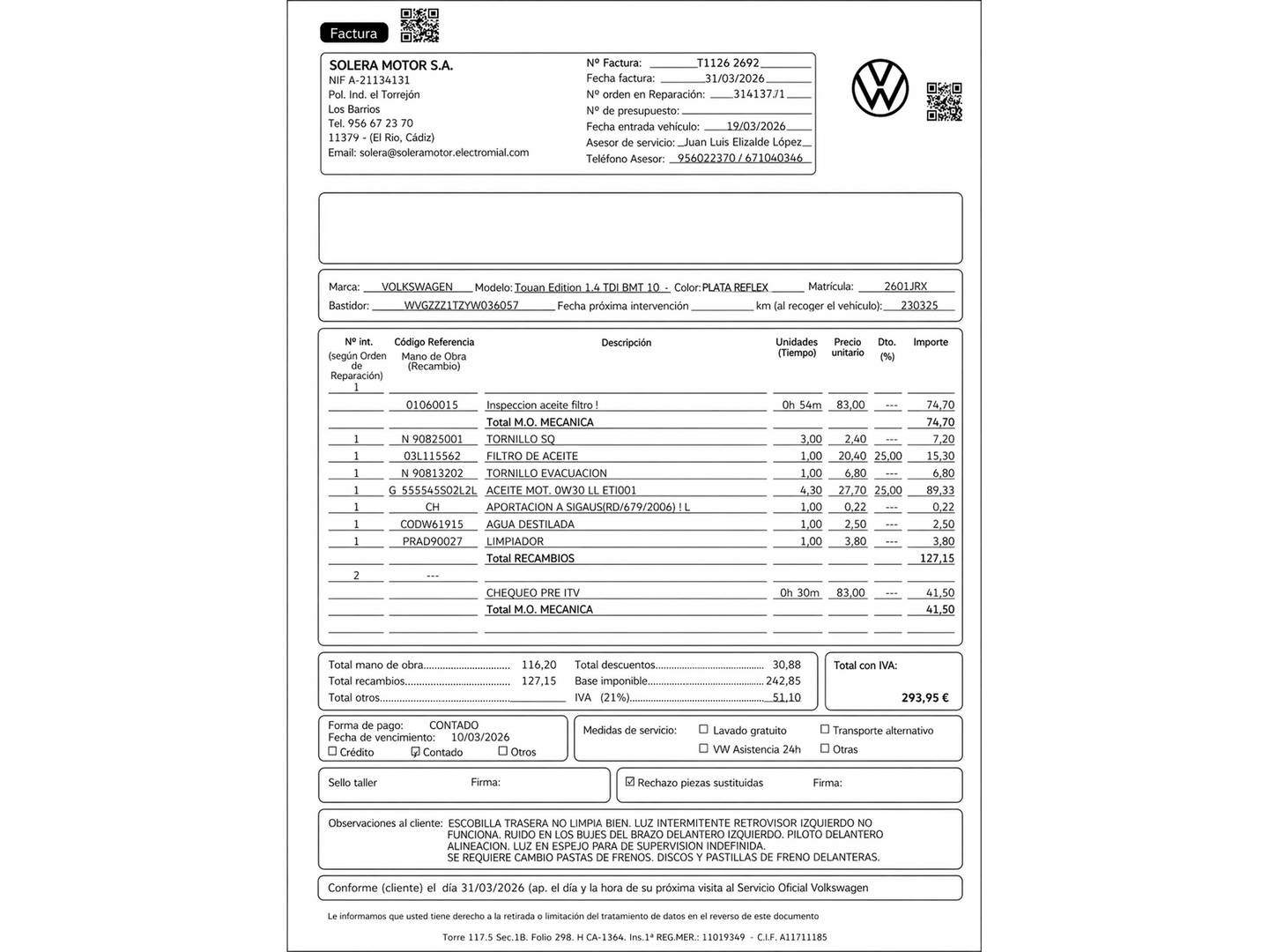 Foto del mantenimiento del Volkswagen Touran Volkswagen Touran Edition 1.6 TDI BMT (105 CV)