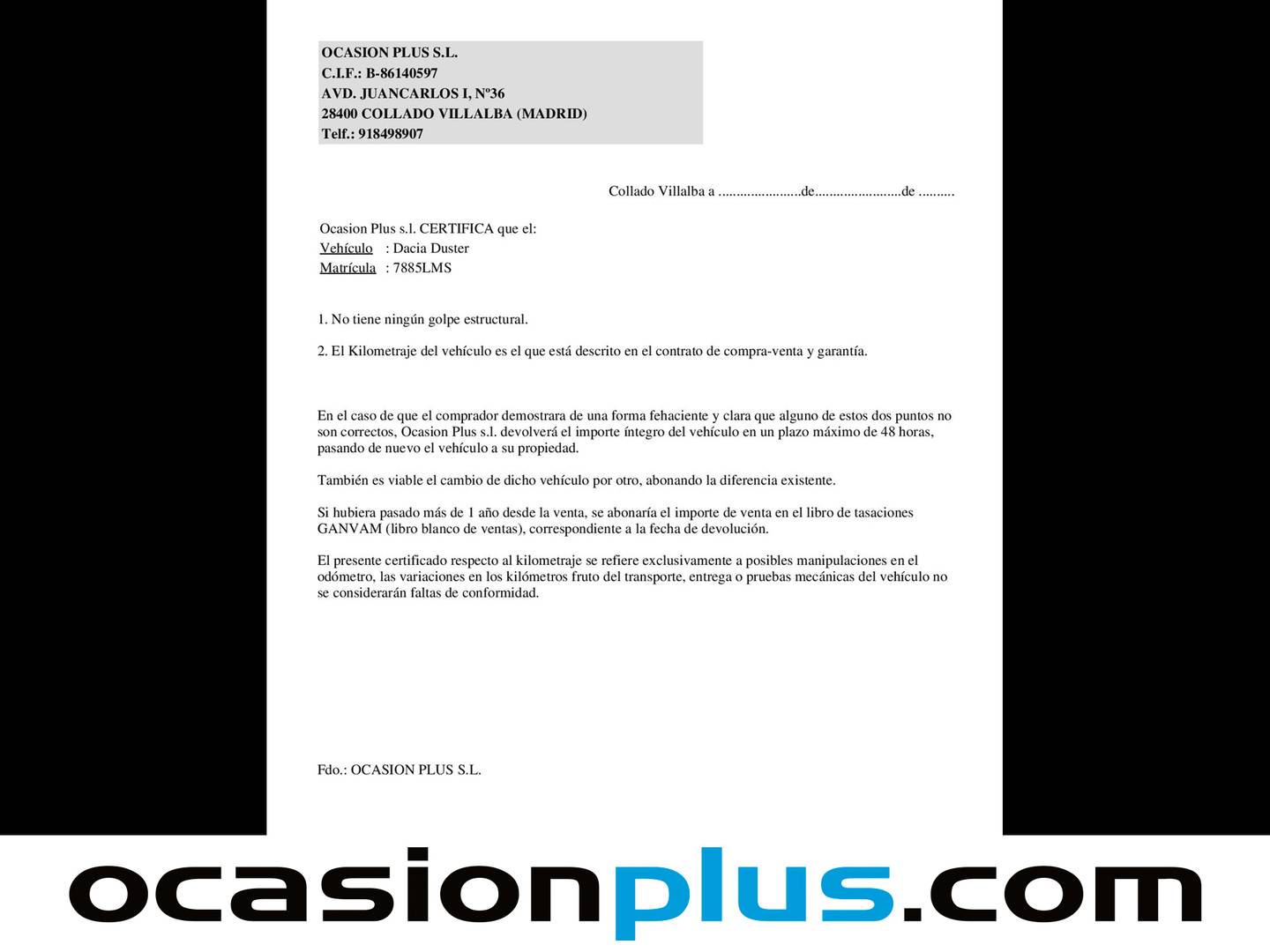 Foto del certificado del Dacia Duster Dacia Duster Prestige TCE (90 CV) 4X2