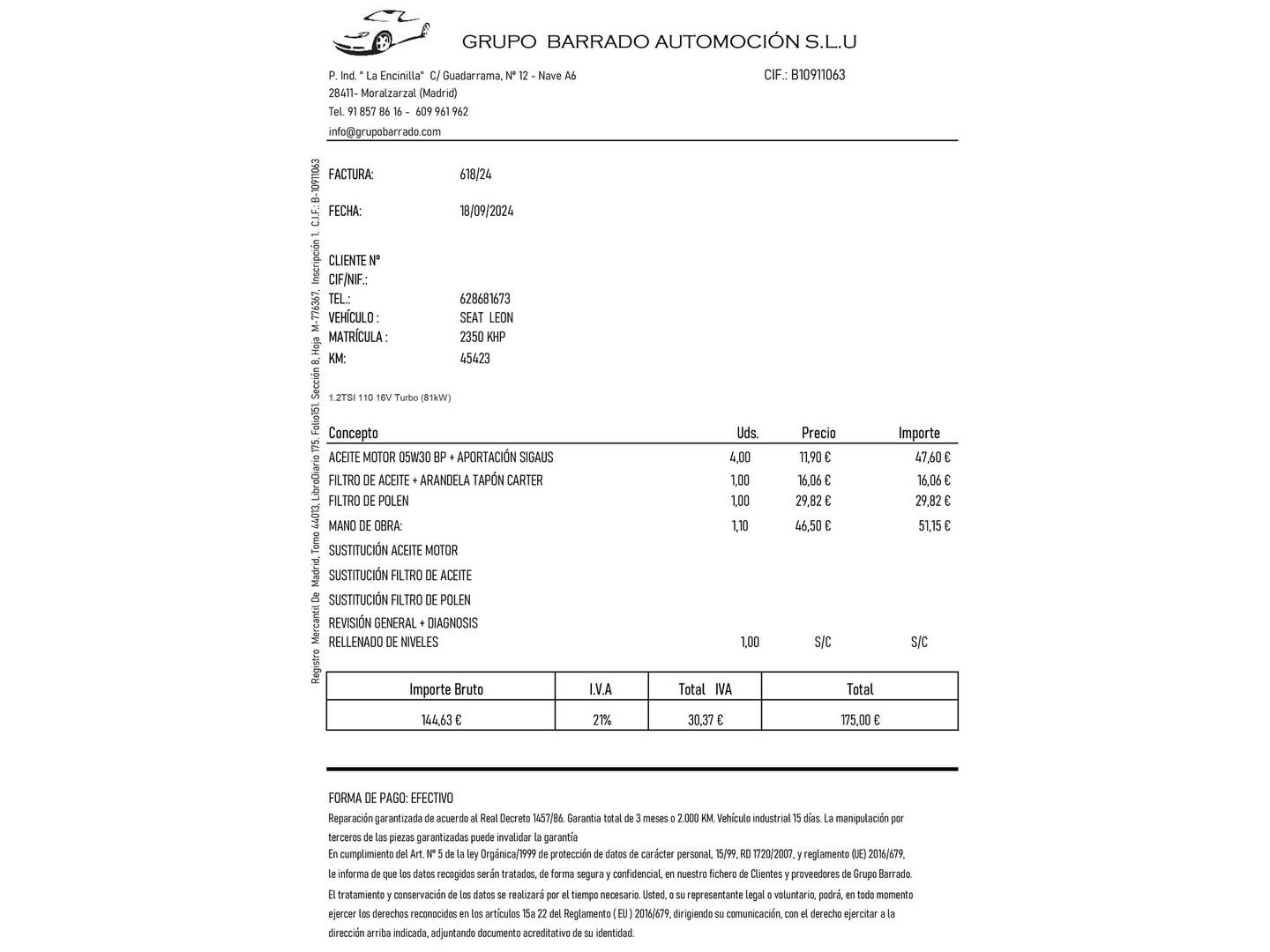 Foto del mantenimiento del Seat León Seat León ST 1.2 TSI S&S Style (110 CV)