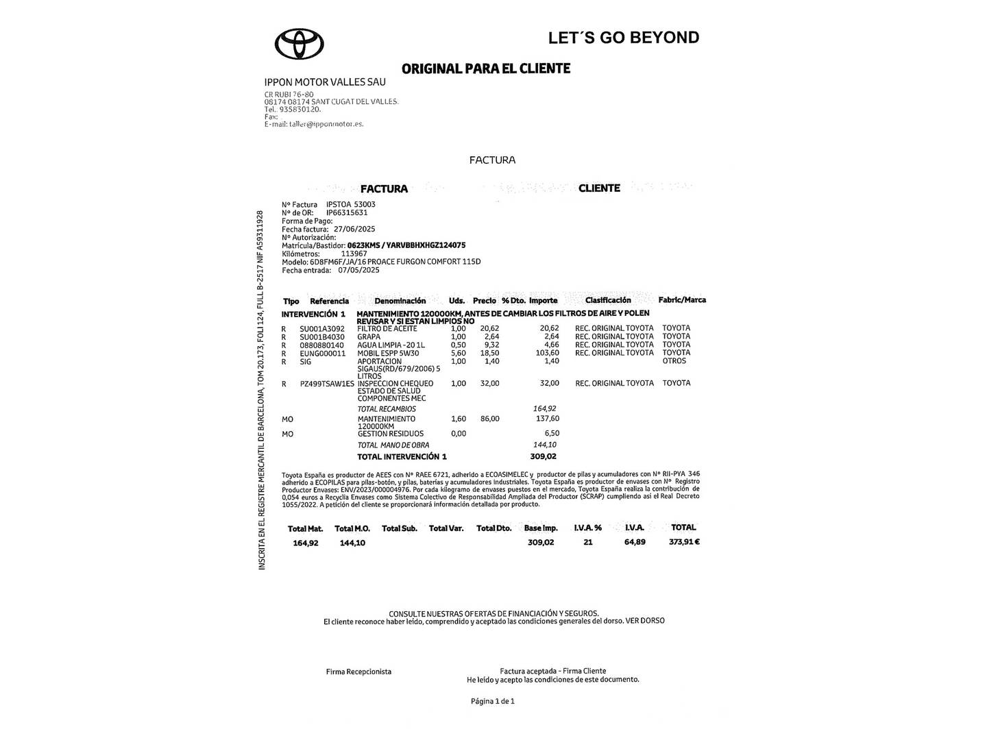 Foto del mantenimiento del Toyota Proace Toyota Proace Furgon 1.6 D Comfort L1 (116 CV)