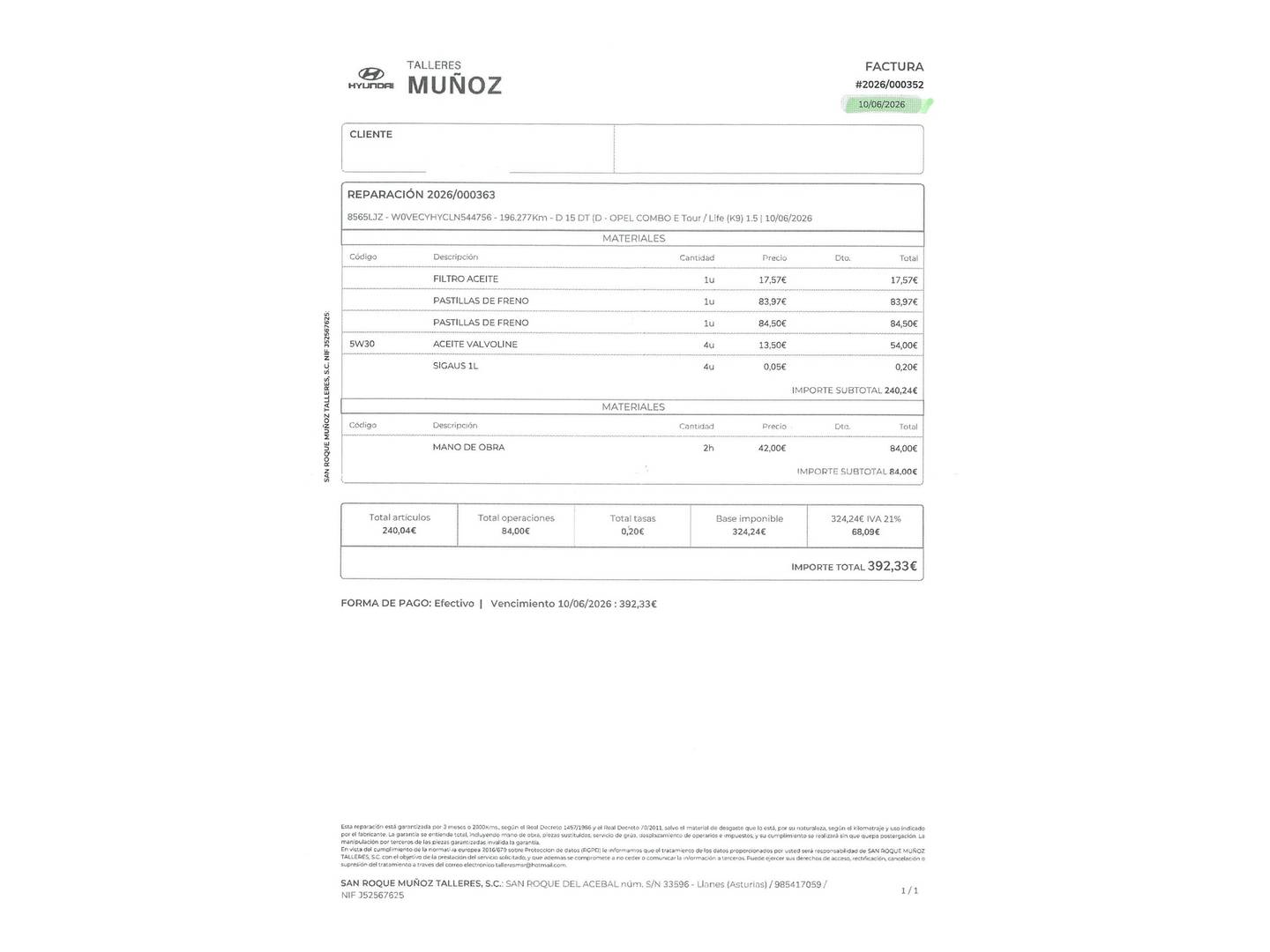 Foto del mantenimiento del Opel Combo Life Opel Combo Life 1.5 TD S&S Selective L (102 CV)