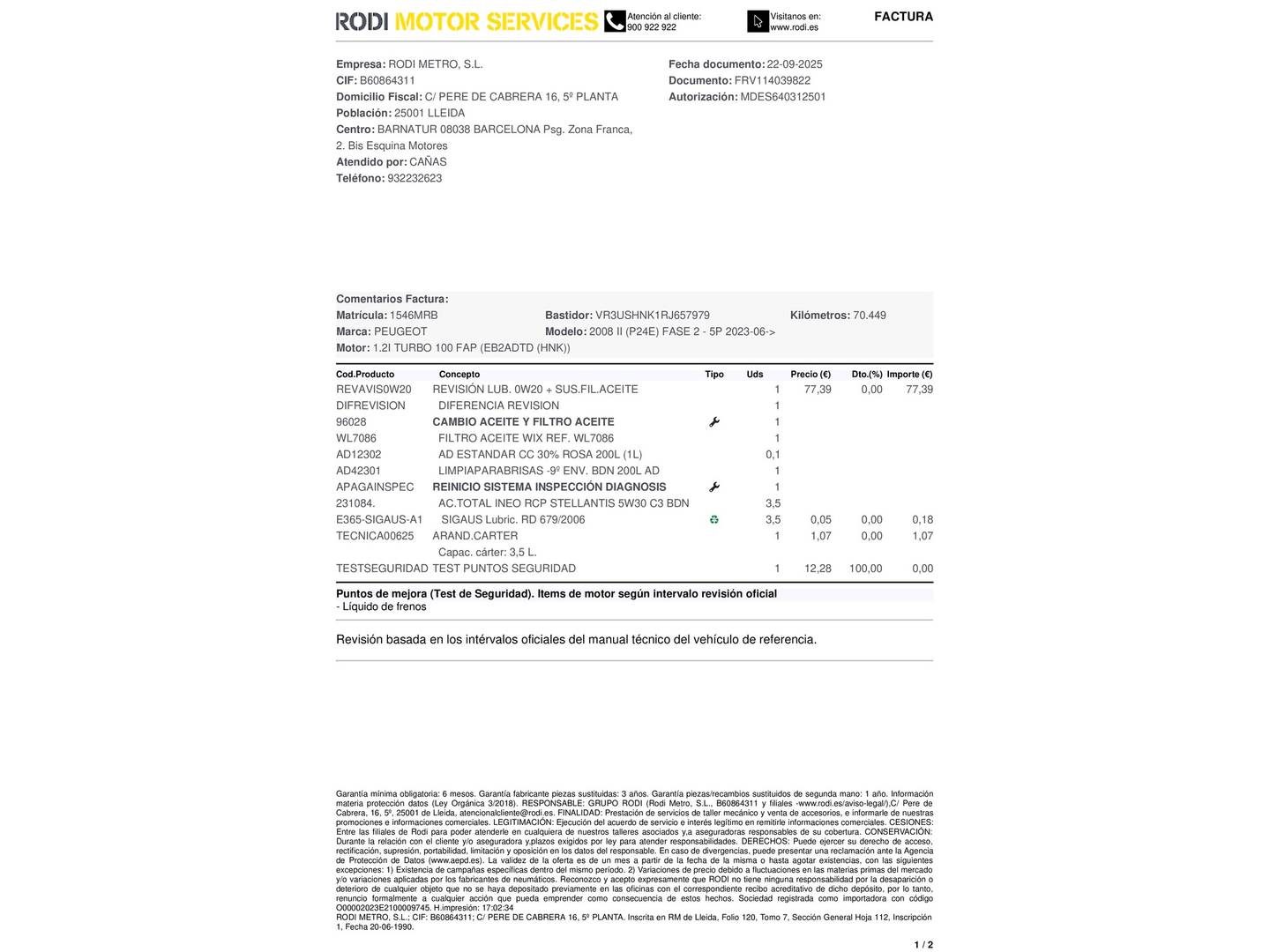 Foto del mantenimiento del Peugeot 2008 Peugeot 2008 PureTech 100 S&S Allure (100 CV)