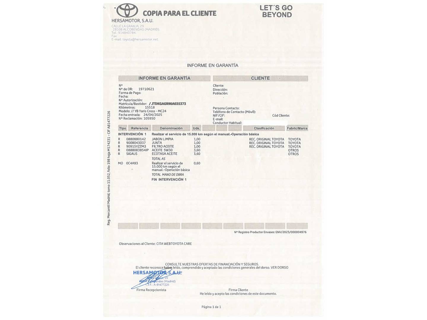 Foto del mantenimiento del Toyota Yaris Cross Toyota Yaris Cross 120H Style (116 CV)