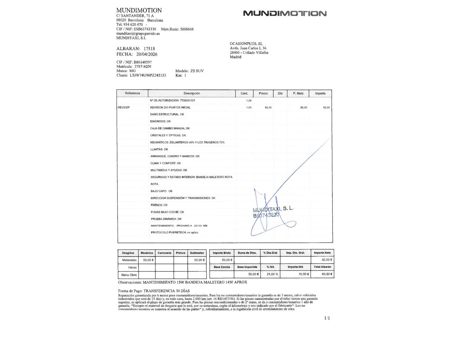 Foto del mantenimiento del MG ZS MG ZS 1.5 Luxury (106 CV)