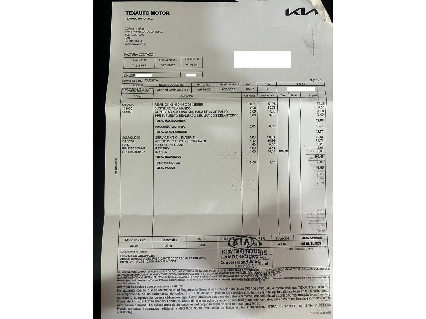 Foto del mantenimiento del KIA Sportage KIA Sportage 1.6 MHEV Black Edition (136 CV)