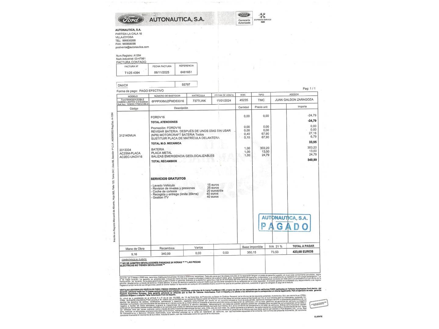 Foto del mantenimiento del Ford Ranger Ford Ranger Pickup 2.0 Ecoblue Doble Cabina Limited 4x4 AT (170 CV)