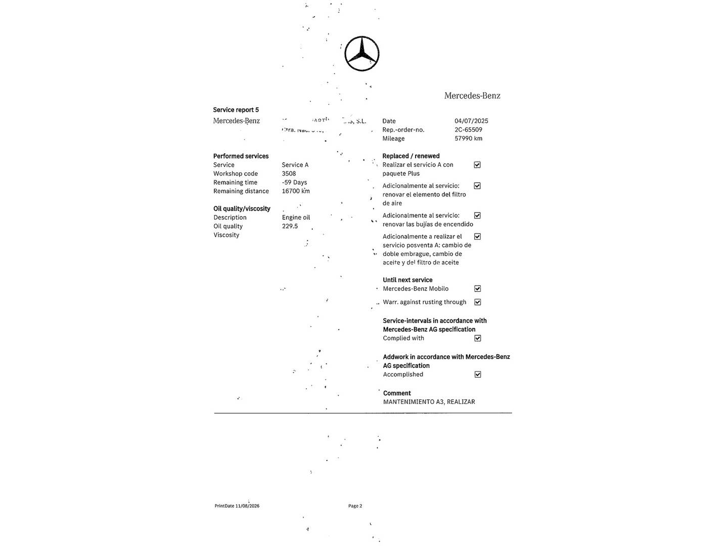 Foto del mantenimiento del Mercedes GLA Mercedes GLA 180 (122 CV)