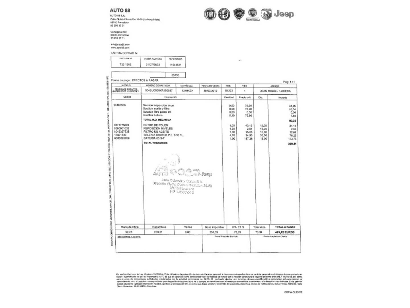 Foto del mantenimiento del Jeep Renegade Jeep Renegade 1.3G Limited 4x2 DDCT (150 CV)