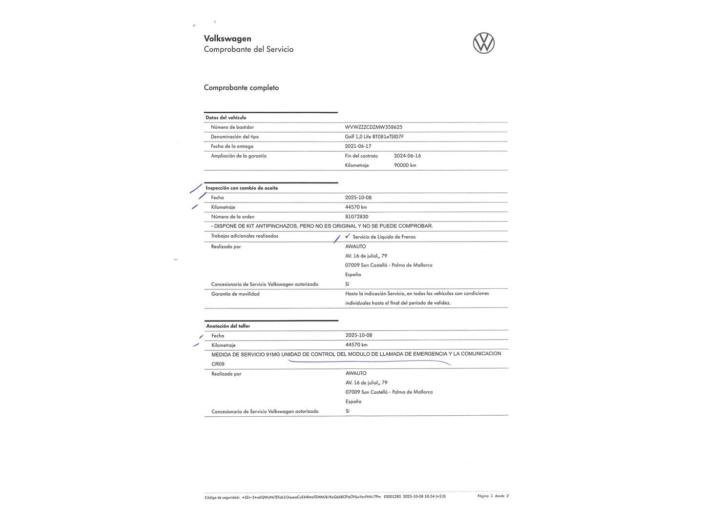 Foto del mantenimiento del Volkswagen Golf Volkswagen Golf Life 1.0 eTSI (110 CV) DSG
