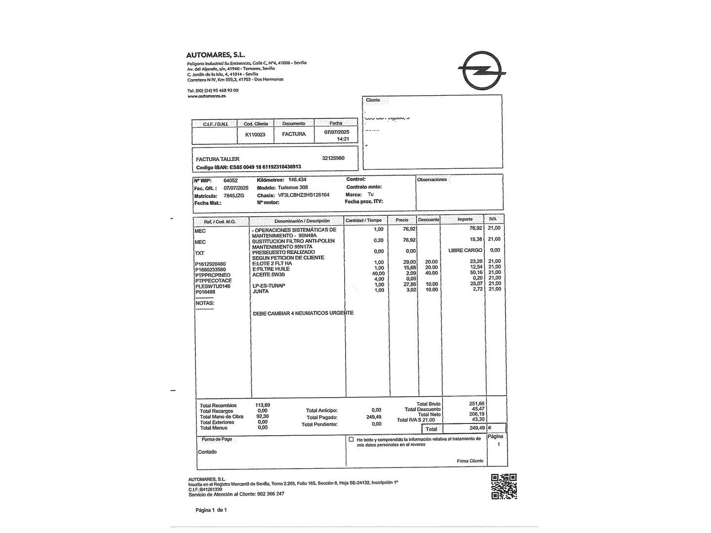 Foto del mantenimiento del Peugeot 308 Peugeot 308 SW BlueHDI 120 Style (120 CV)
