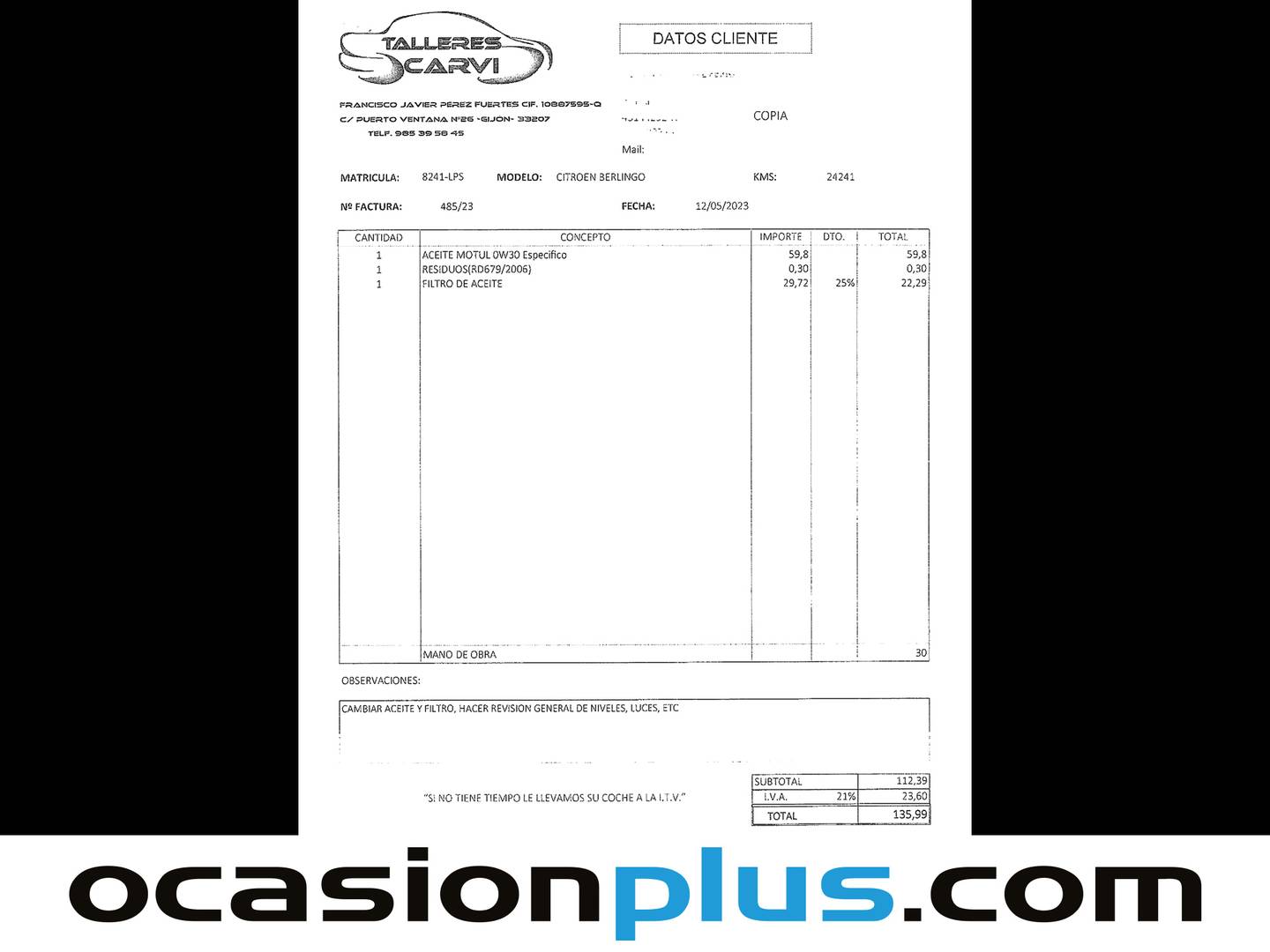 Foto del mantenimiento del Citroën Berlingo Citroën Berlingo BlueHDi 130 S&S Talla M Shine (130 CV)