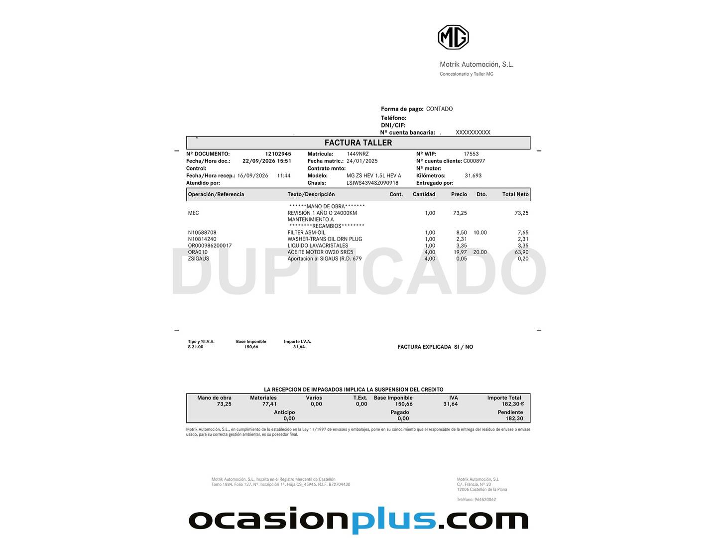 Foto del mantenimiento del MG ZS MG ZS 1.5 Hybrid+ Luxury (197 CV)