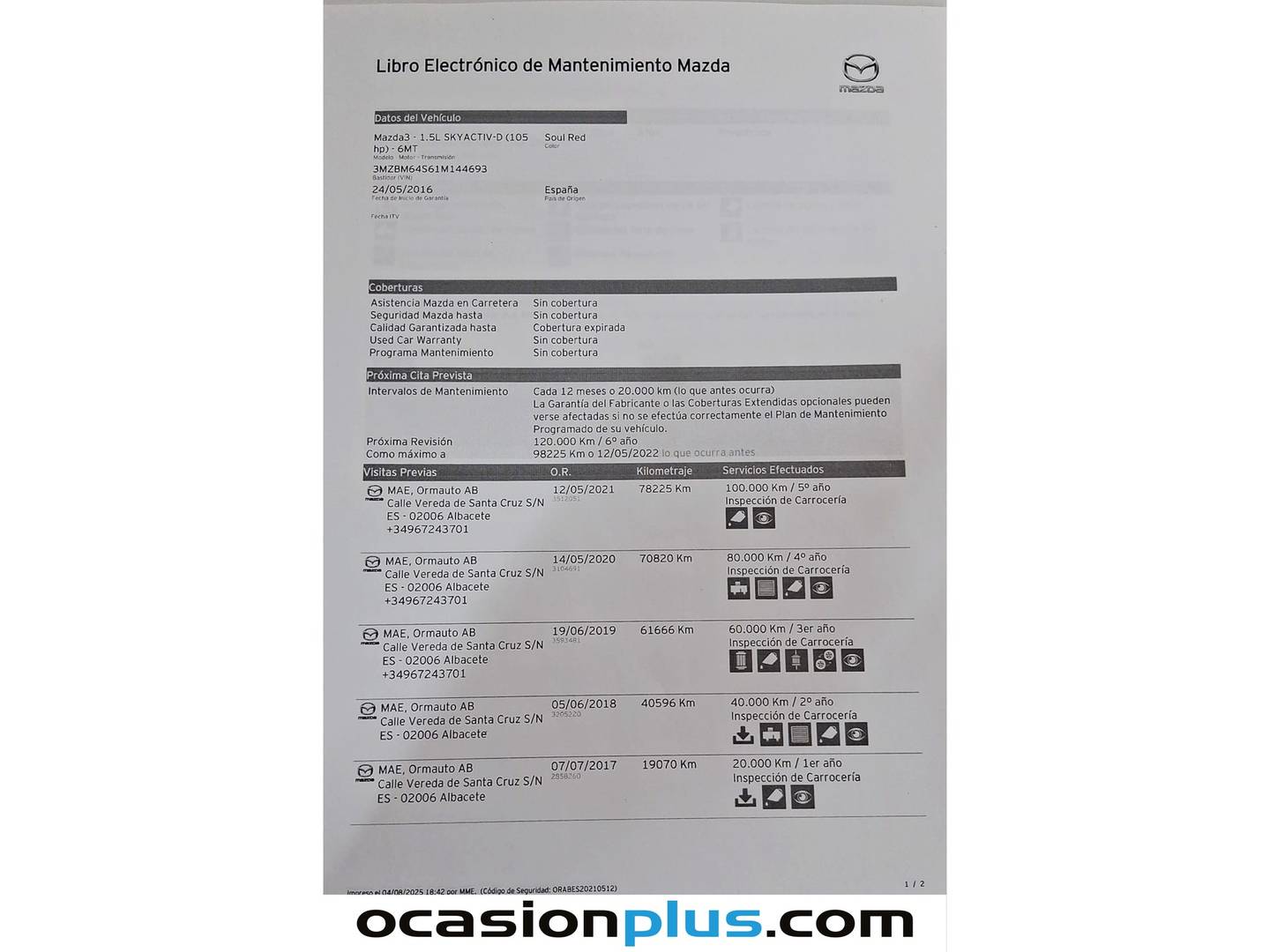 Foto del mantenimiento del Mazda Mazda3 Mazda Mazda 3 1.5 DE Luxury (105 CV)
