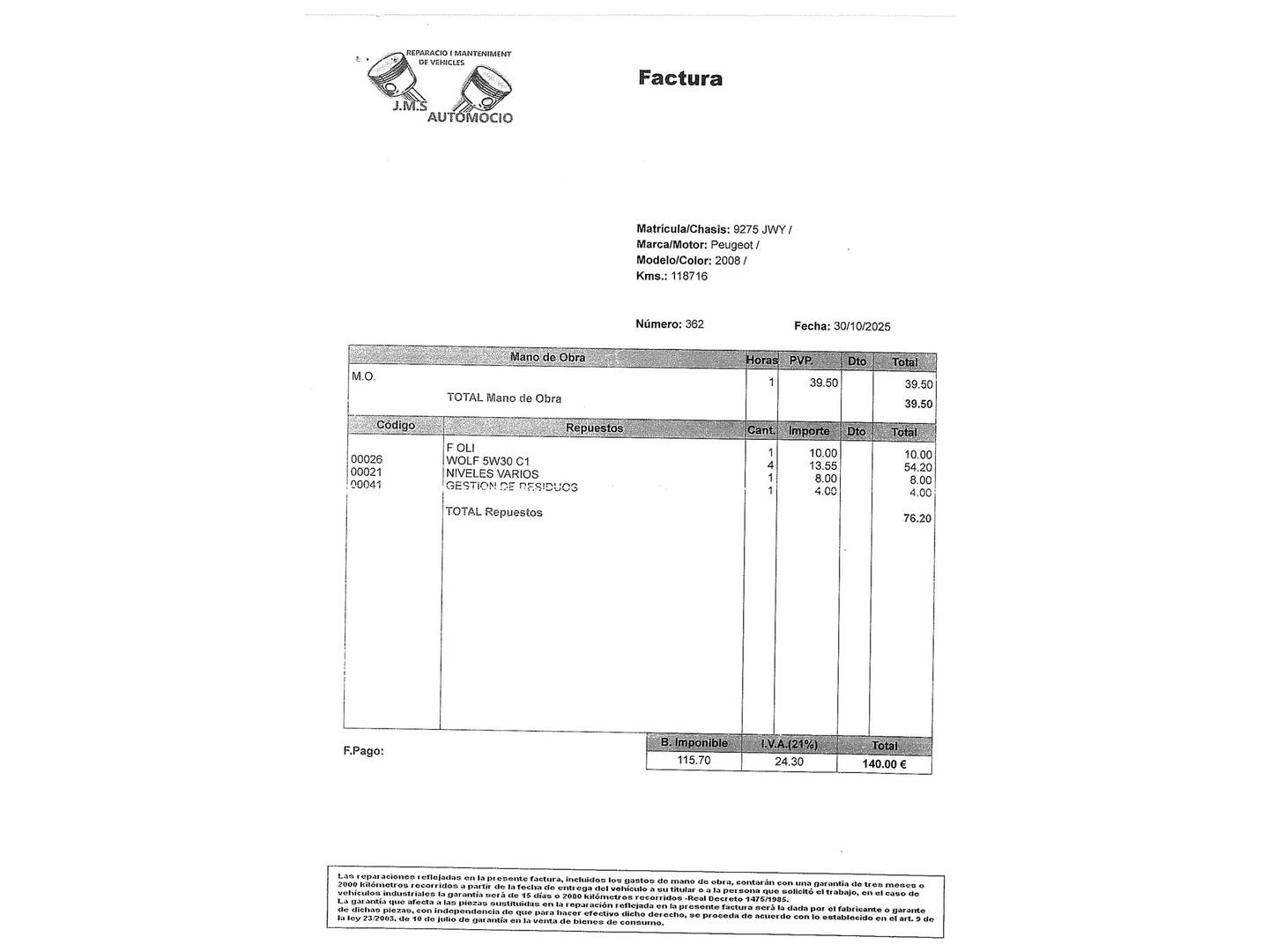 Foto del mantenimiento del Peugeot 2008 Peugeot 2008 PureTech 130 S&S GT Line (130 CV)