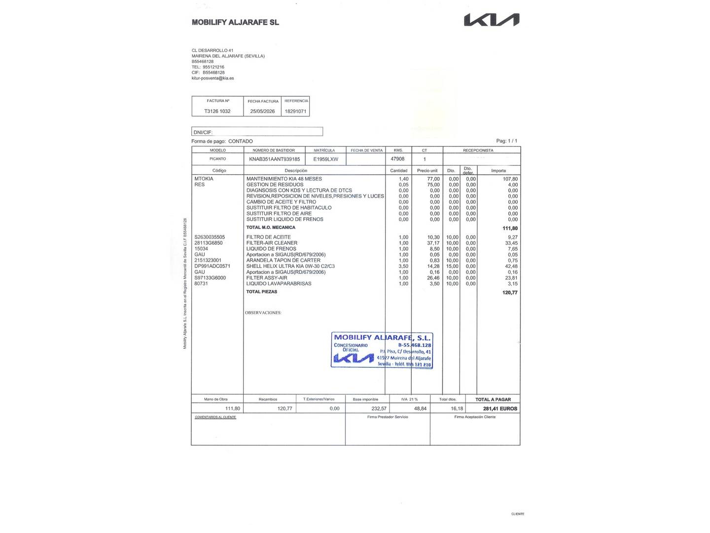Foto del mantenimiento del KIA Picanto KIA Picanto 1.2 DPi GT Line (84 CV)