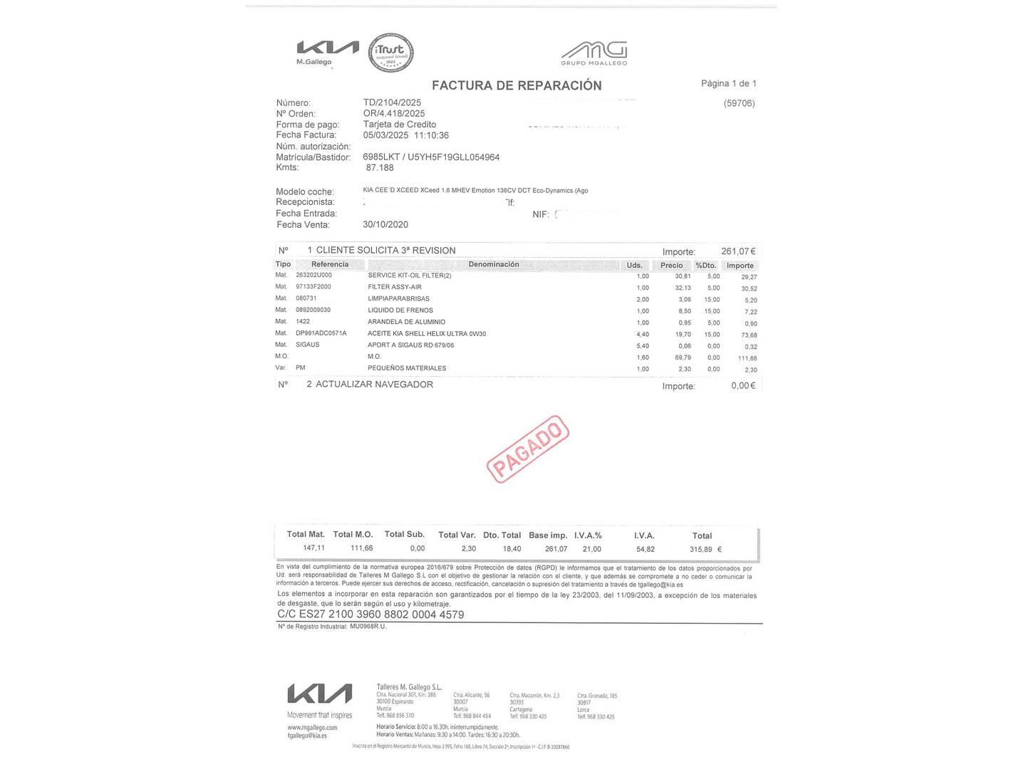 Foto del mantenimiento del KIA XCeed KIA XCeed 1.6 MHEV Emotion DCT (136 CV)