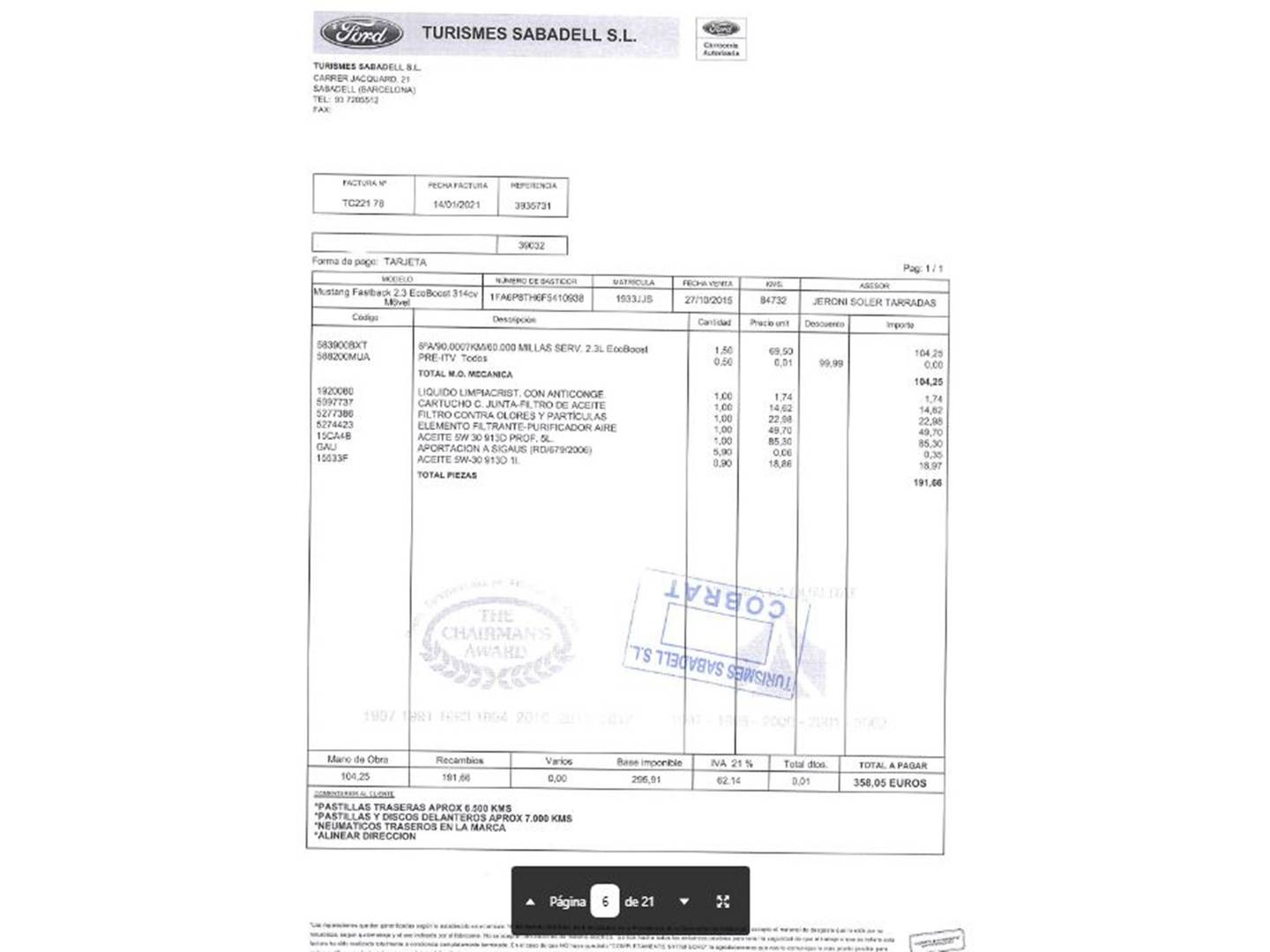 Foto del mantenimiento del Ford Mustang Ford Mustang 2.3 EcoBoost Mustang (Fastback) (314 CV)